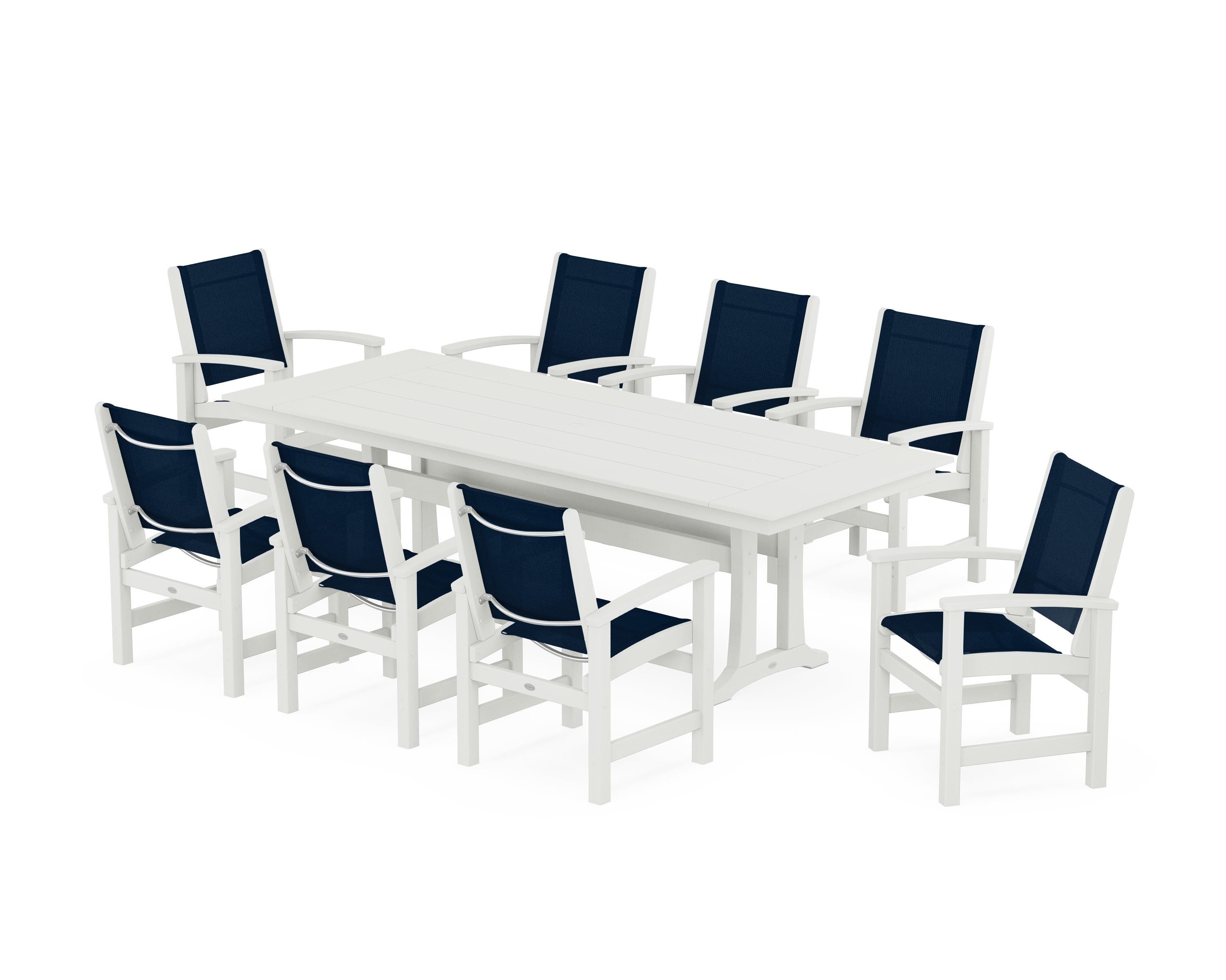 POLYWOOD Coastal 9-Piece Farmhouse Dining Set with Trestle Legs in Vintage White / Navy Blue Sling