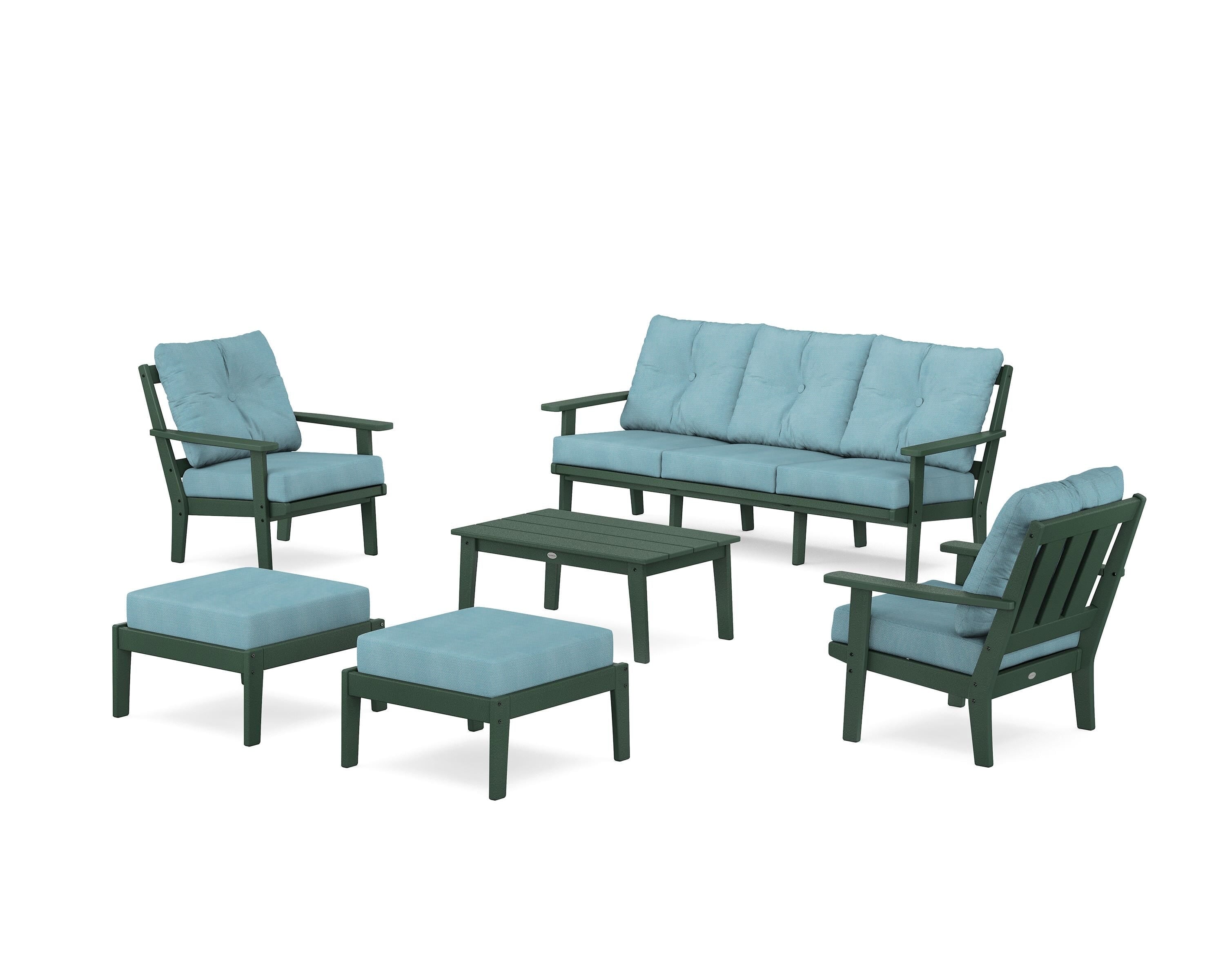 POLYWOOD Oxford 6-Piece Lounge Sofa Set in Green / Lattice Sky Blue