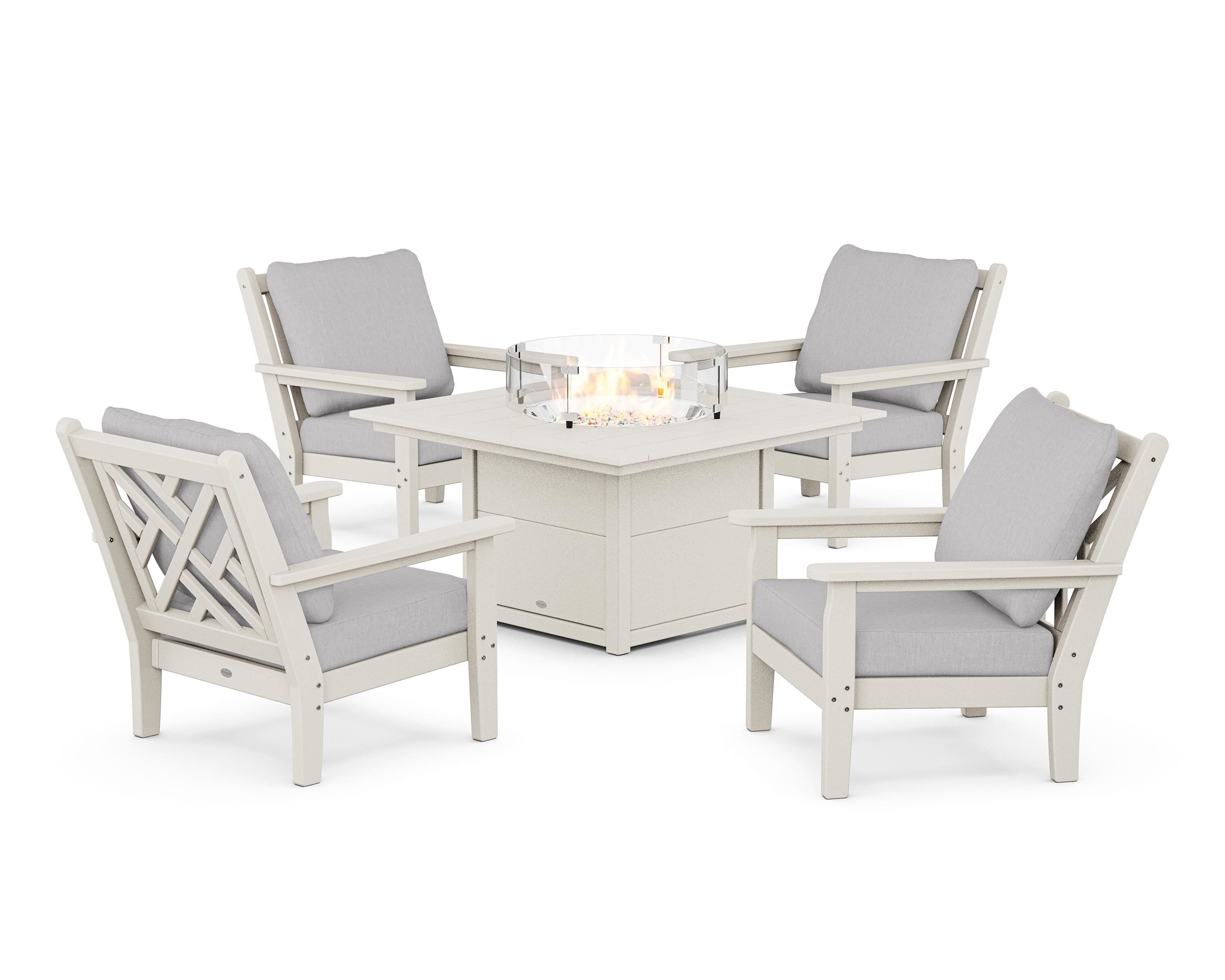 POLYWOOD Chippendale 5-Piece Deep Seating Set with Fire Pit Table in Sand / Granite