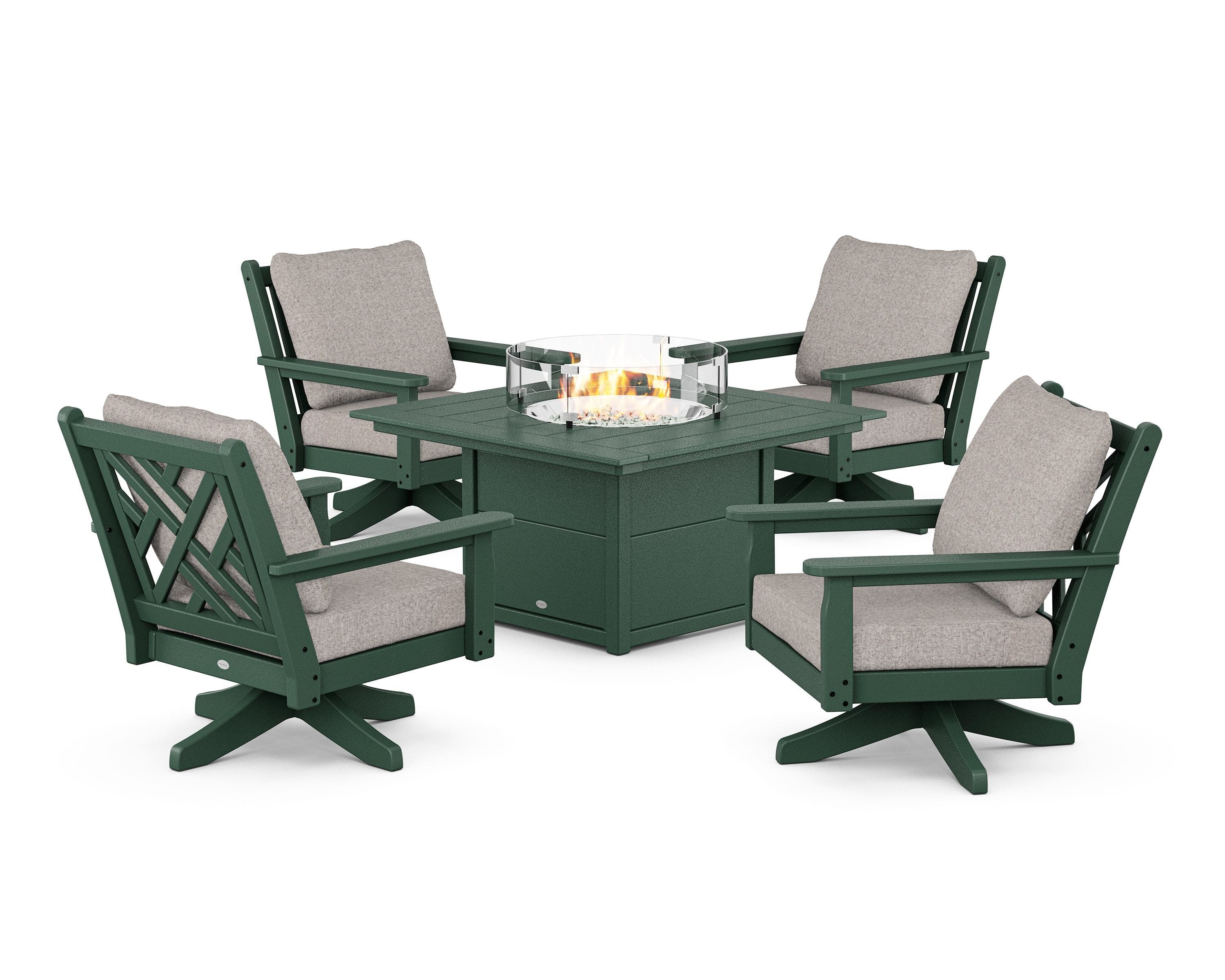 POLYWOOD Chippendale 5-Piece Deep Seating Swivel Conversation Set with Fire Pit Table in Green / Weathered Tweed