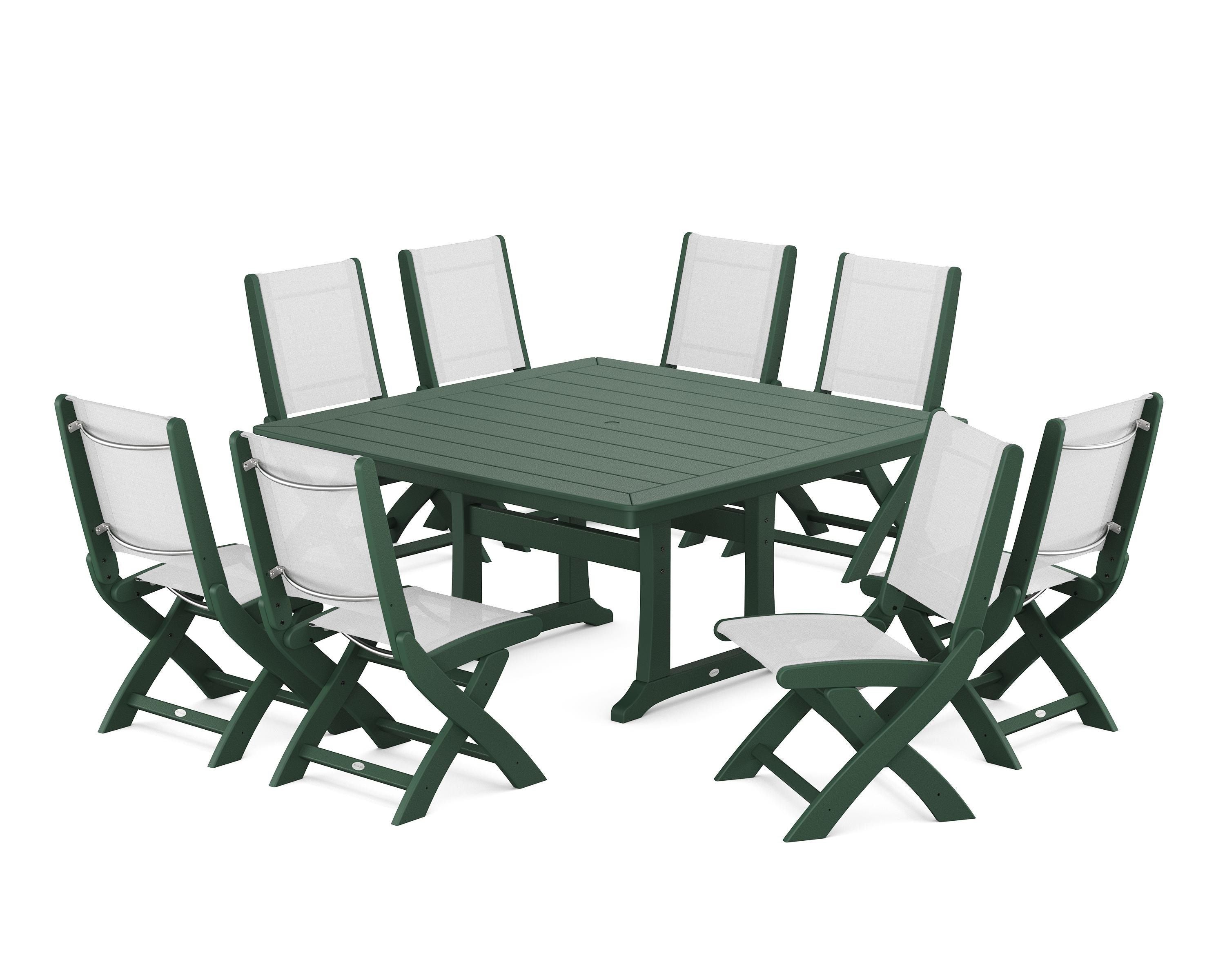 POLYWOOD Coastal Folding Side Chair 9-Piece Dining Set with Trestle Legs in Green / White Sling