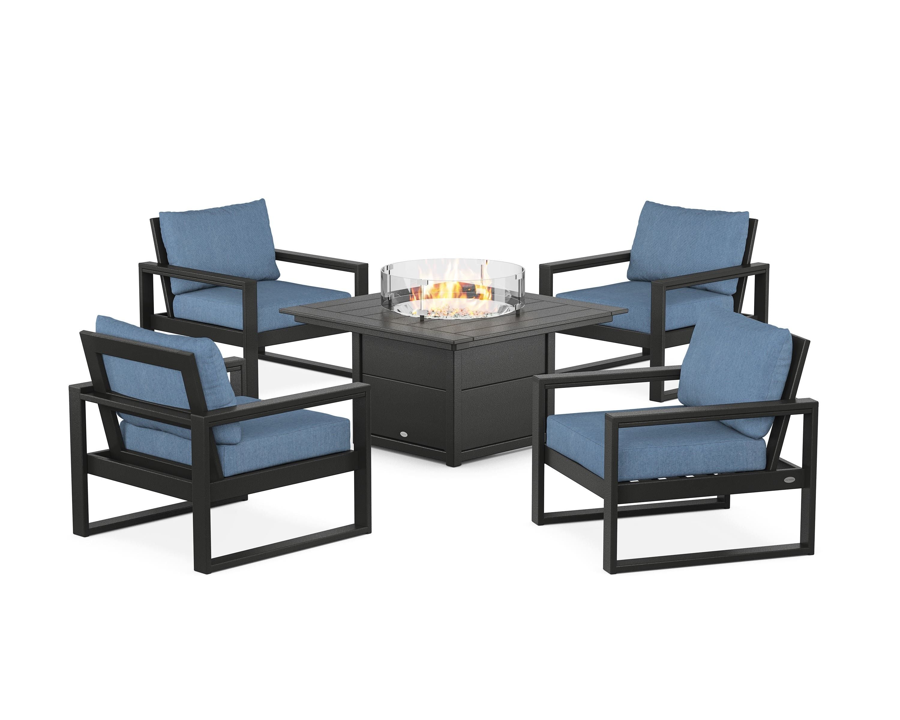 POLYWOOD EDGE Sectional 5-Piece Deep Seating Set with Fire Pit Table in Black / Sky Blue