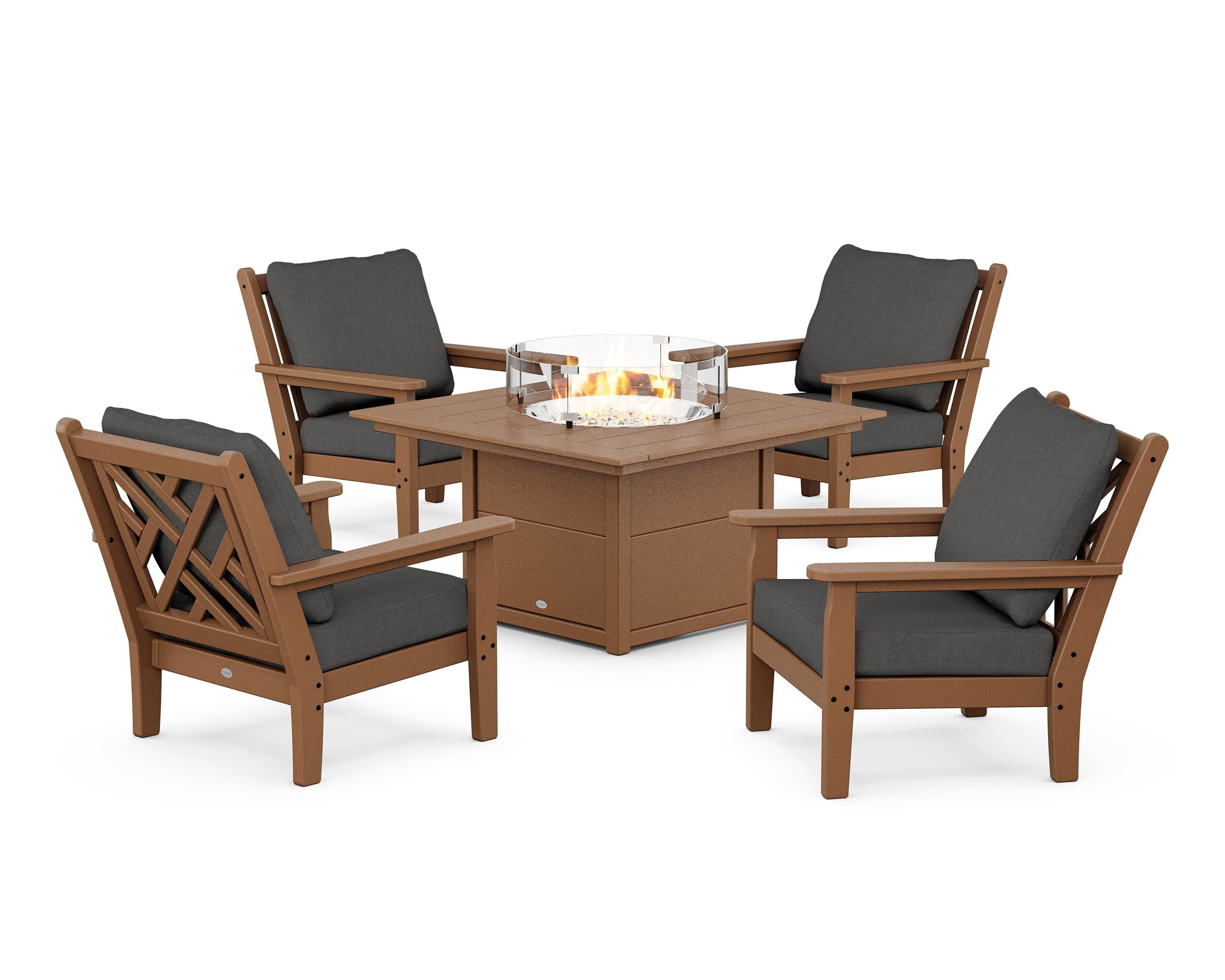 POLYWOOD Chippendale 5-Piece Deep Seating Set with Fire Pit Table in Teak / Spectrum Carbon