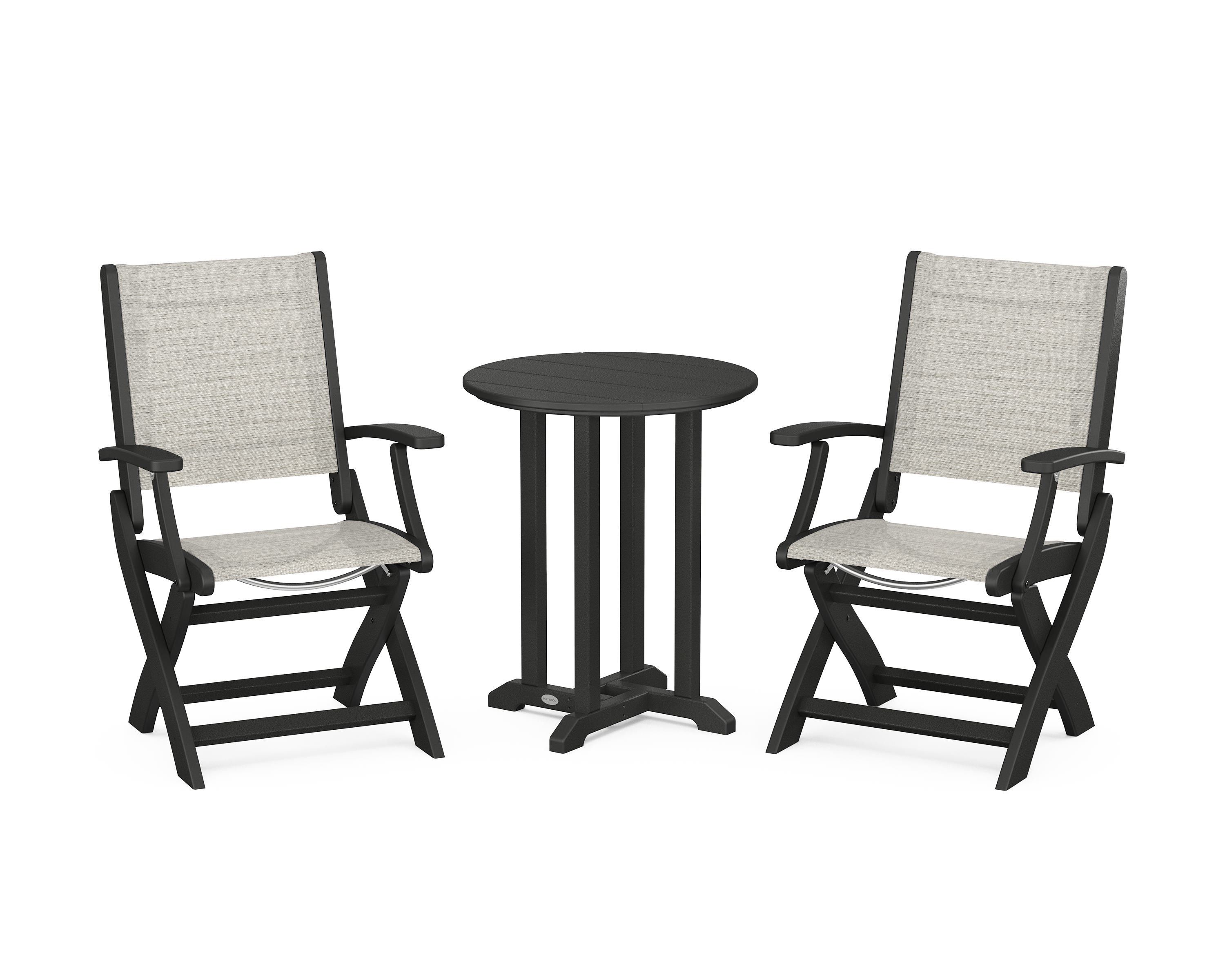 POLYWOOD Coastal Folding 3-Piece Round Bistro Dining Set in Black / Birch Sling