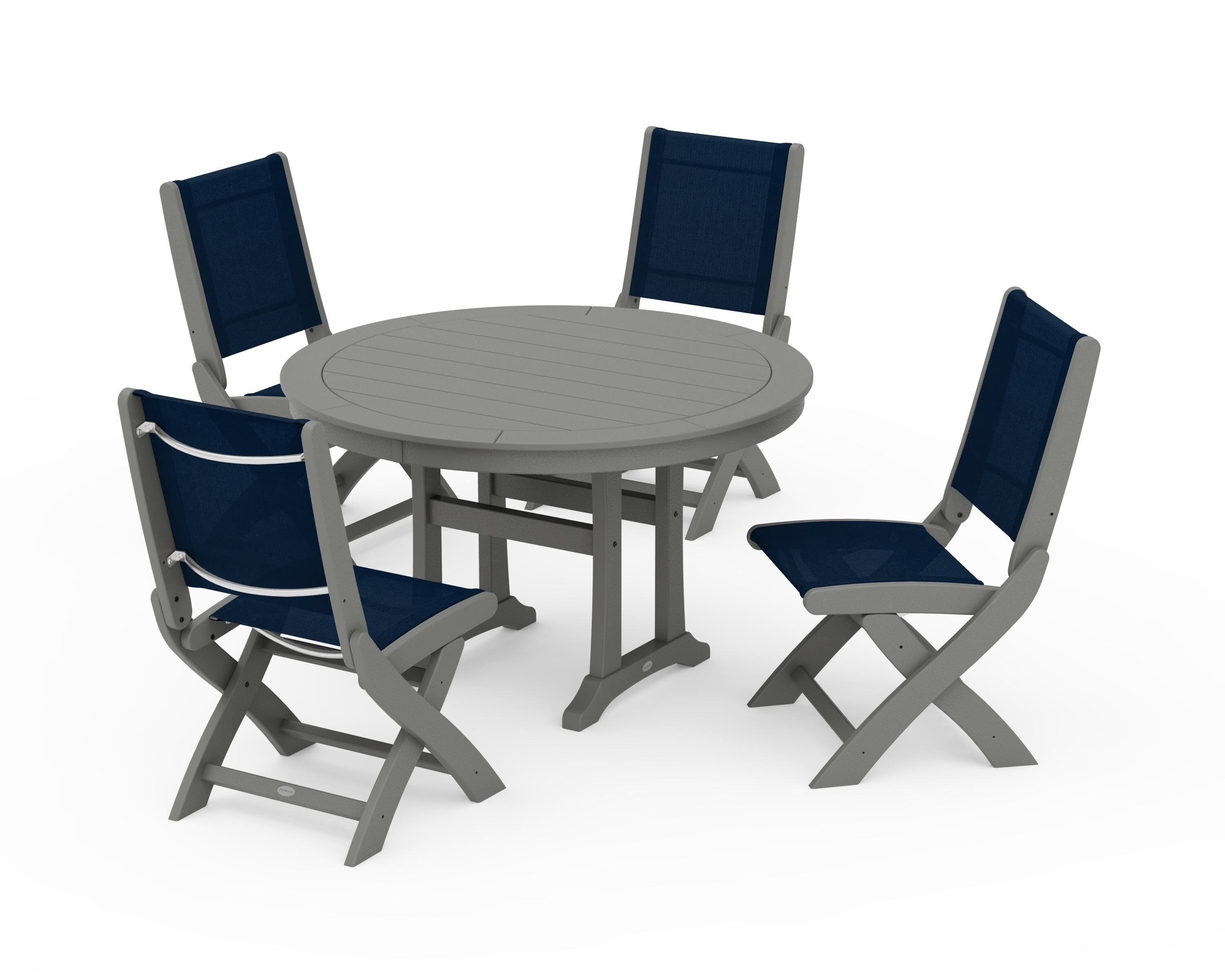 POLYWOOD Coastal Folding Side Chair 5-Piece Round Dining Set With Trestle Legs in Slate Grey / Navy Blue Sling