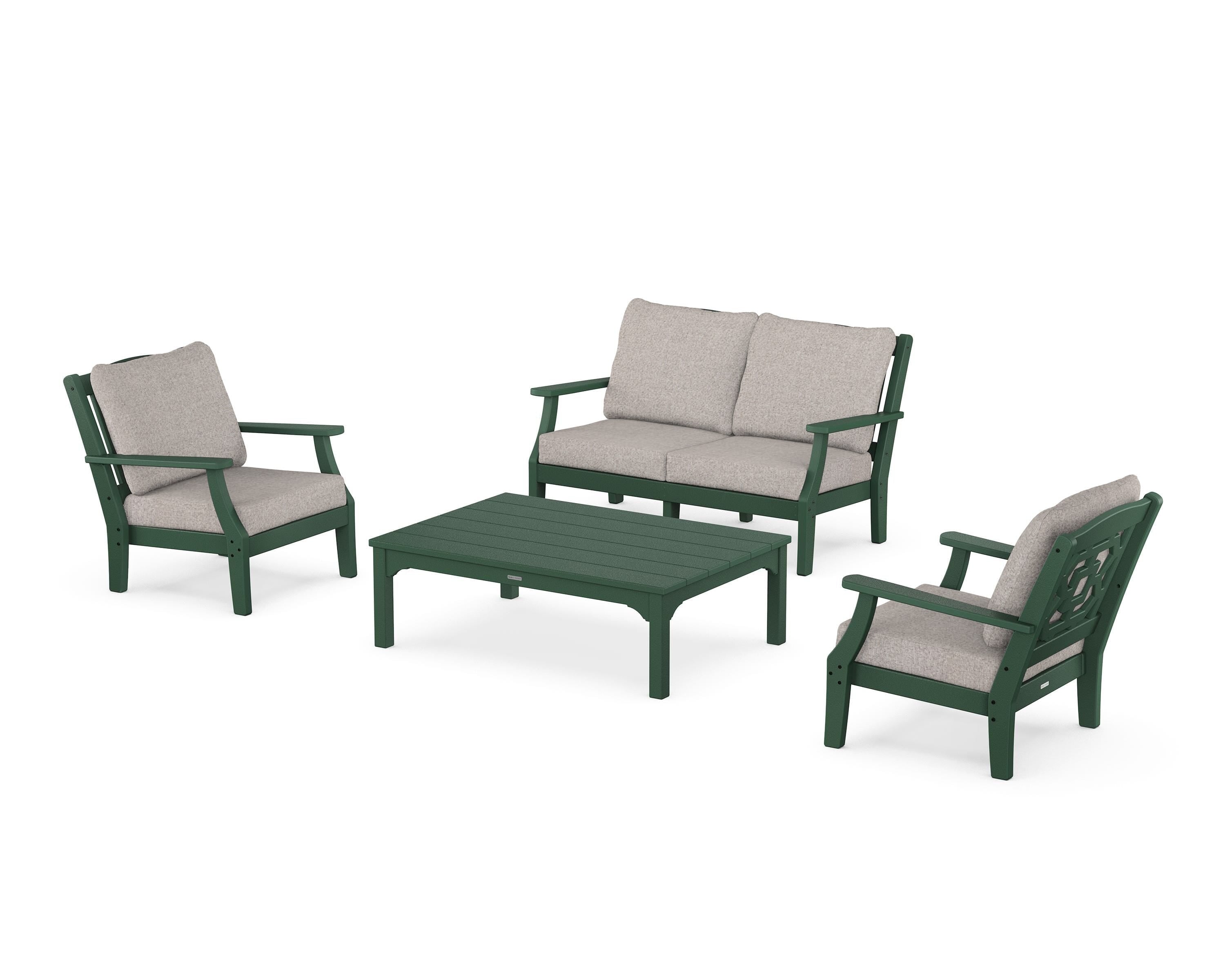 Martha Stewart by POLYWOOD Chinoiserie 4-Piece Deep Seating Set with Loveseat in Green / Weathered Tweed