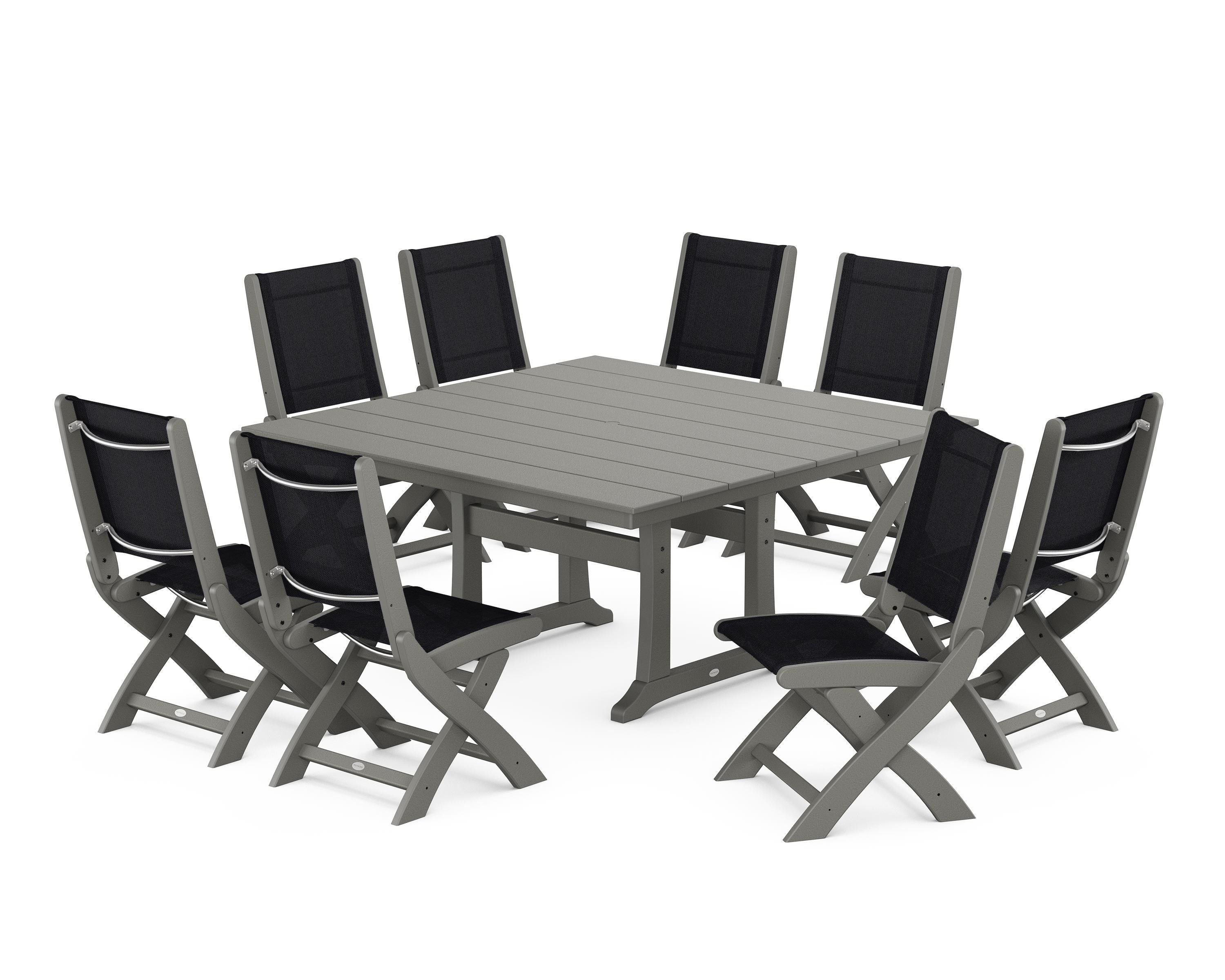 POLYWOOD Coastal Folding Side Chair 9-Piece Farmhouse Dining Set in Slate Grey / Black Sling