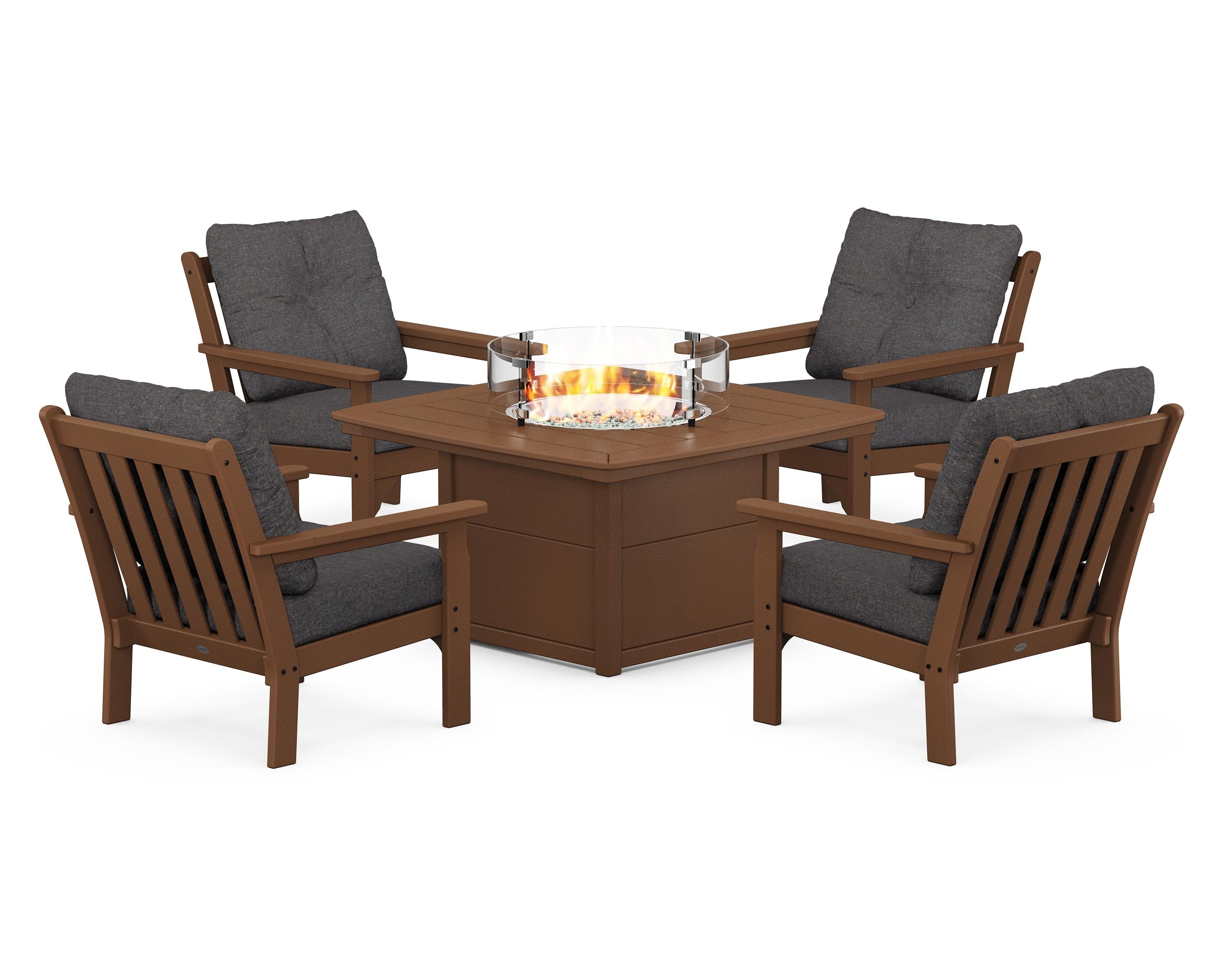 POLYWOOD Vineyard 5-Piece Conversation Set with Fire Pit Table in Teak / Ash Charcoal