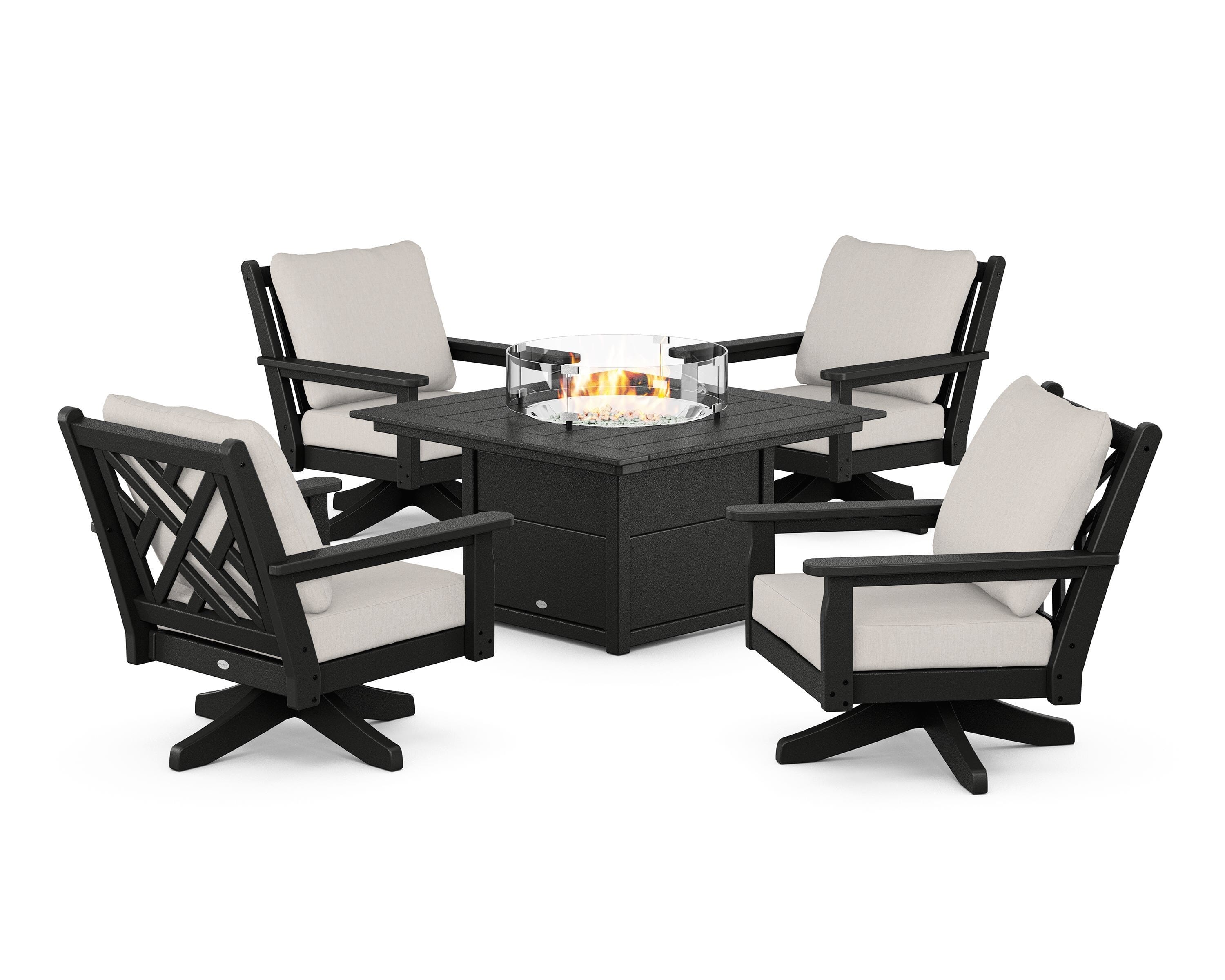 POLYWOOD Chippendale 5-Piece Deep Seating Swivel Conversation Set with Fire Pit Table in Black / Cast Ash