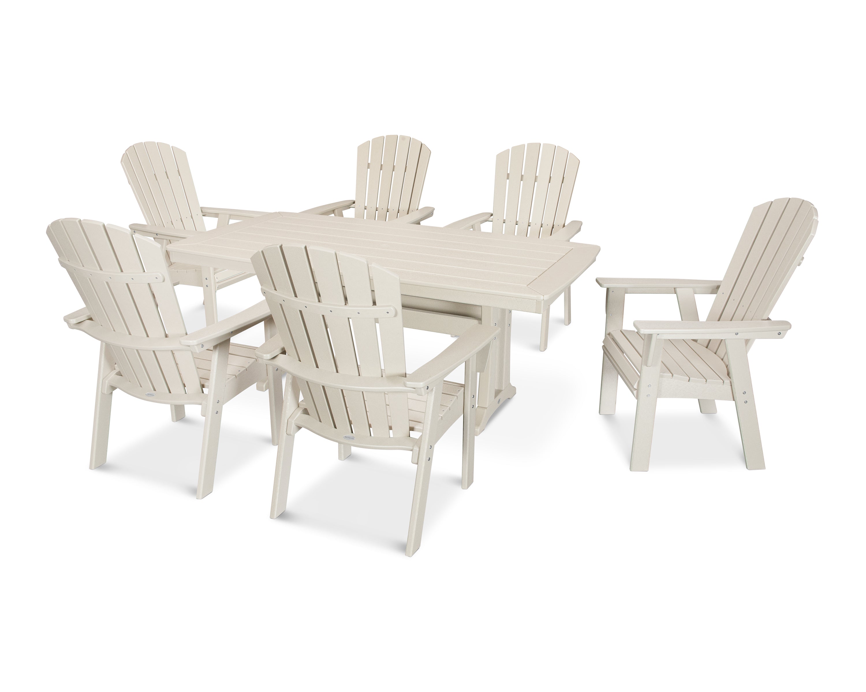 POLYWOOD® Nautical Curveback Adirondack 7-Piece Dining Set with Trestle Legs in Sand