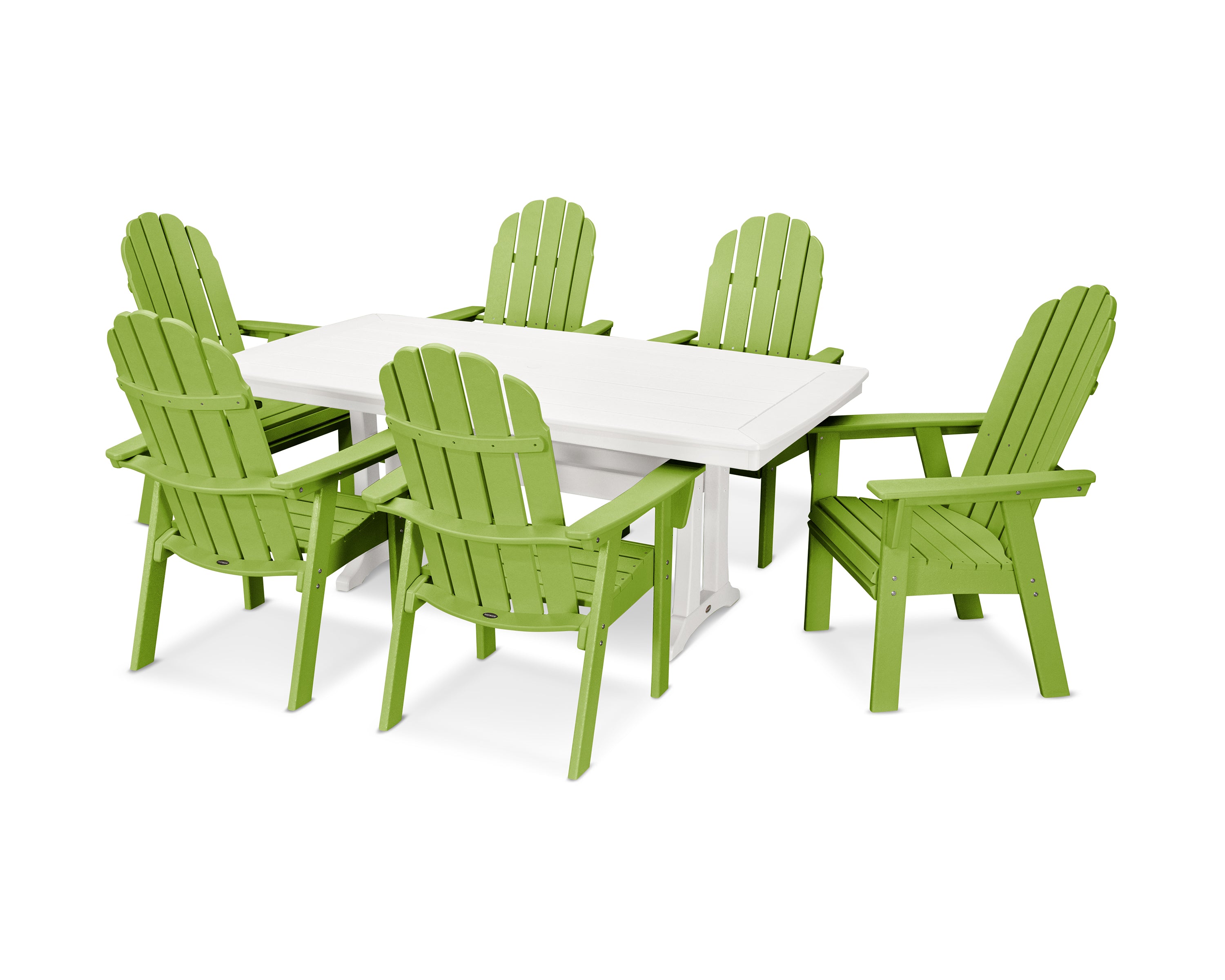 POLYWOOD® Vineyard Curveback Adirondack 7-Piece Dining Set with Trestle Legs in Lime / White