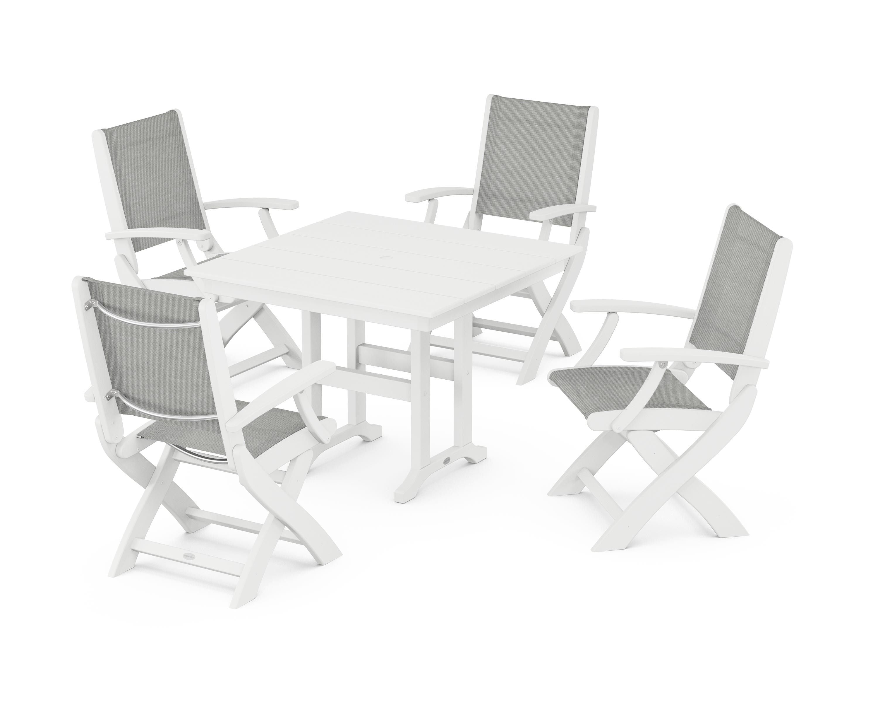 POLYWOOD Coastal Folding Chair 5-Piece Farmhouse Dining Set in White / Metallic Sling