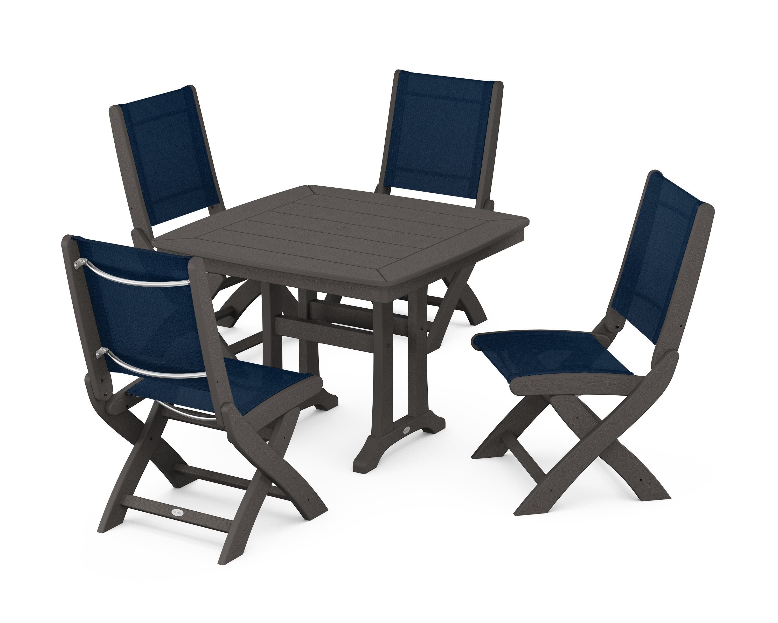 POLYWOOD Coastal Folding Side Chair 5-Piece Dining Set with Trestle Legs in Vintage Coffee / Navy Blue Sling