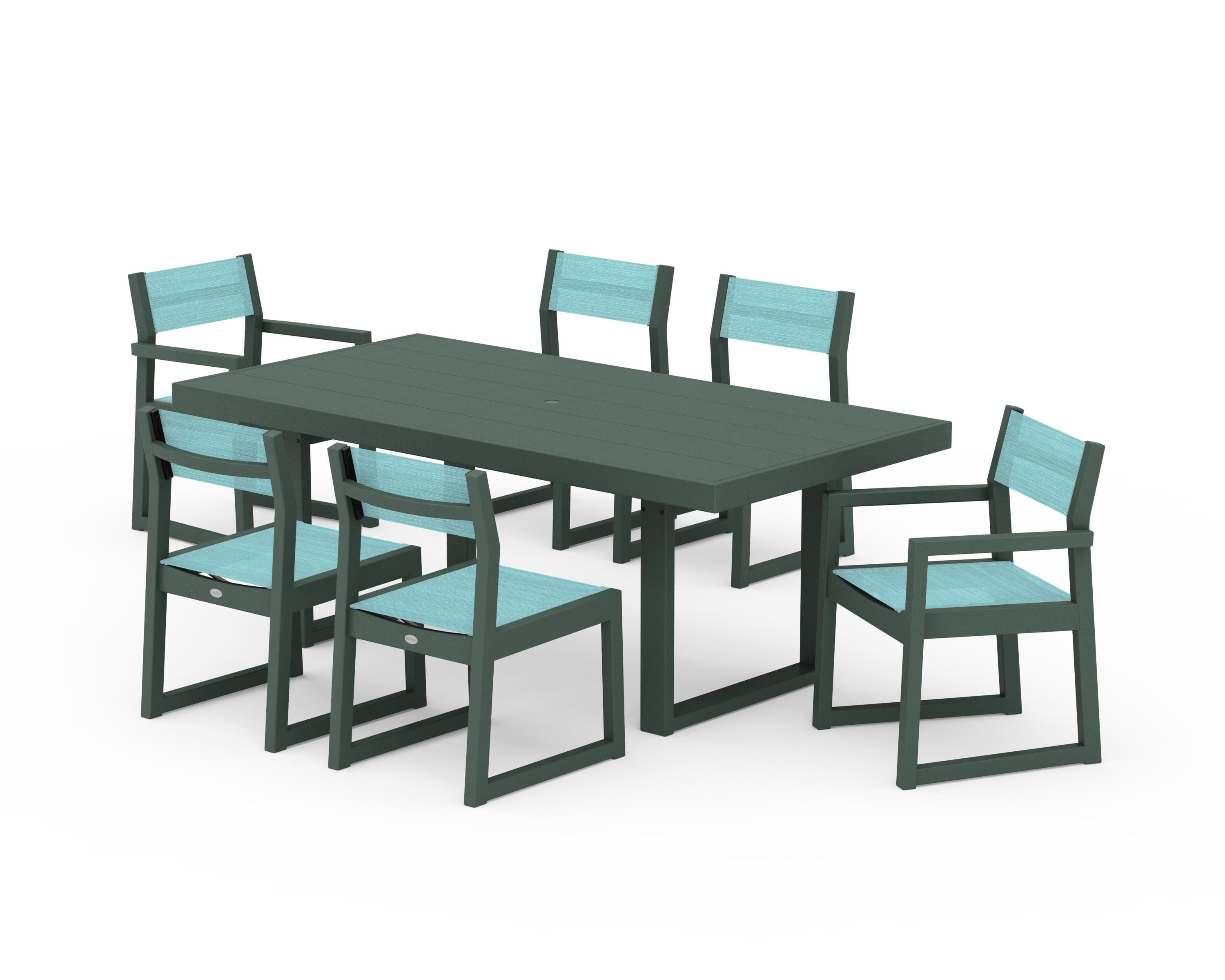 POLYWOOD EDGE Sling 7-Piece Dining Set in Green / Dupioni Aquamarine Sling
