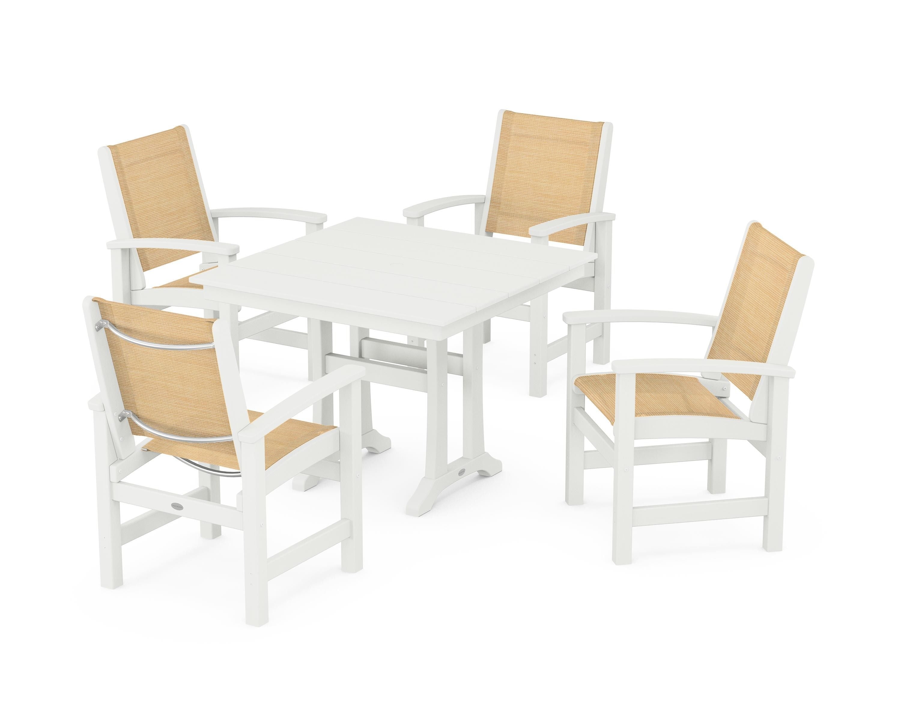 POLYWOOD Coastal 5-Piece Farmhouse Dining Set With Trestle Legs in Vintage White / Dupioni Apricot Sling