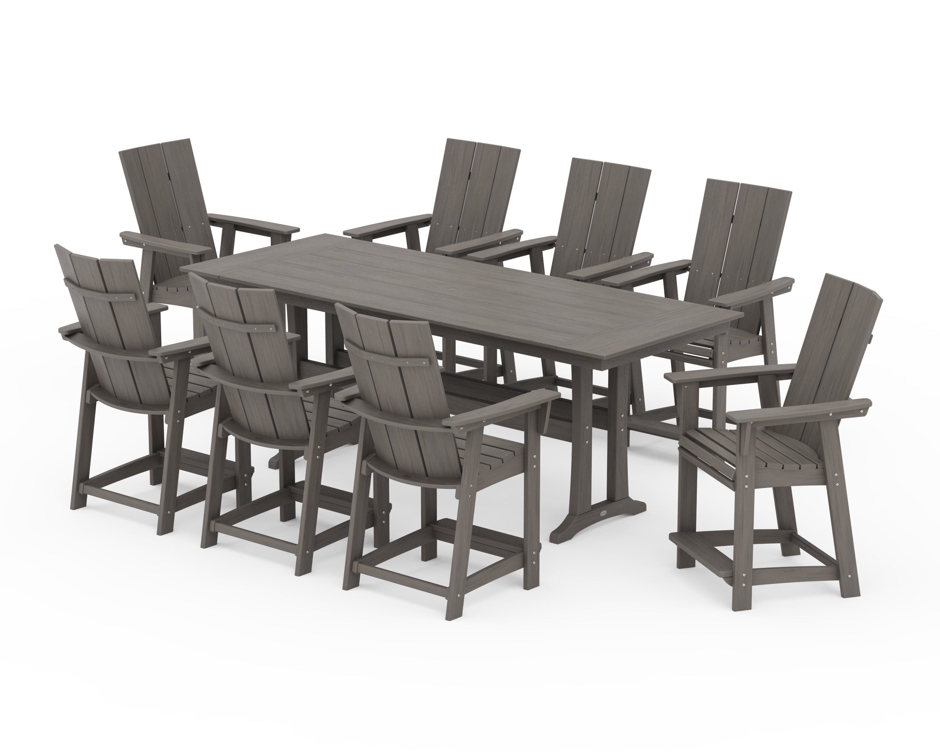 POLYWOOD Modern Curveback Adirondack 9-Piece Farmhouse Counter Set with Trestle Legs in Driftwood
