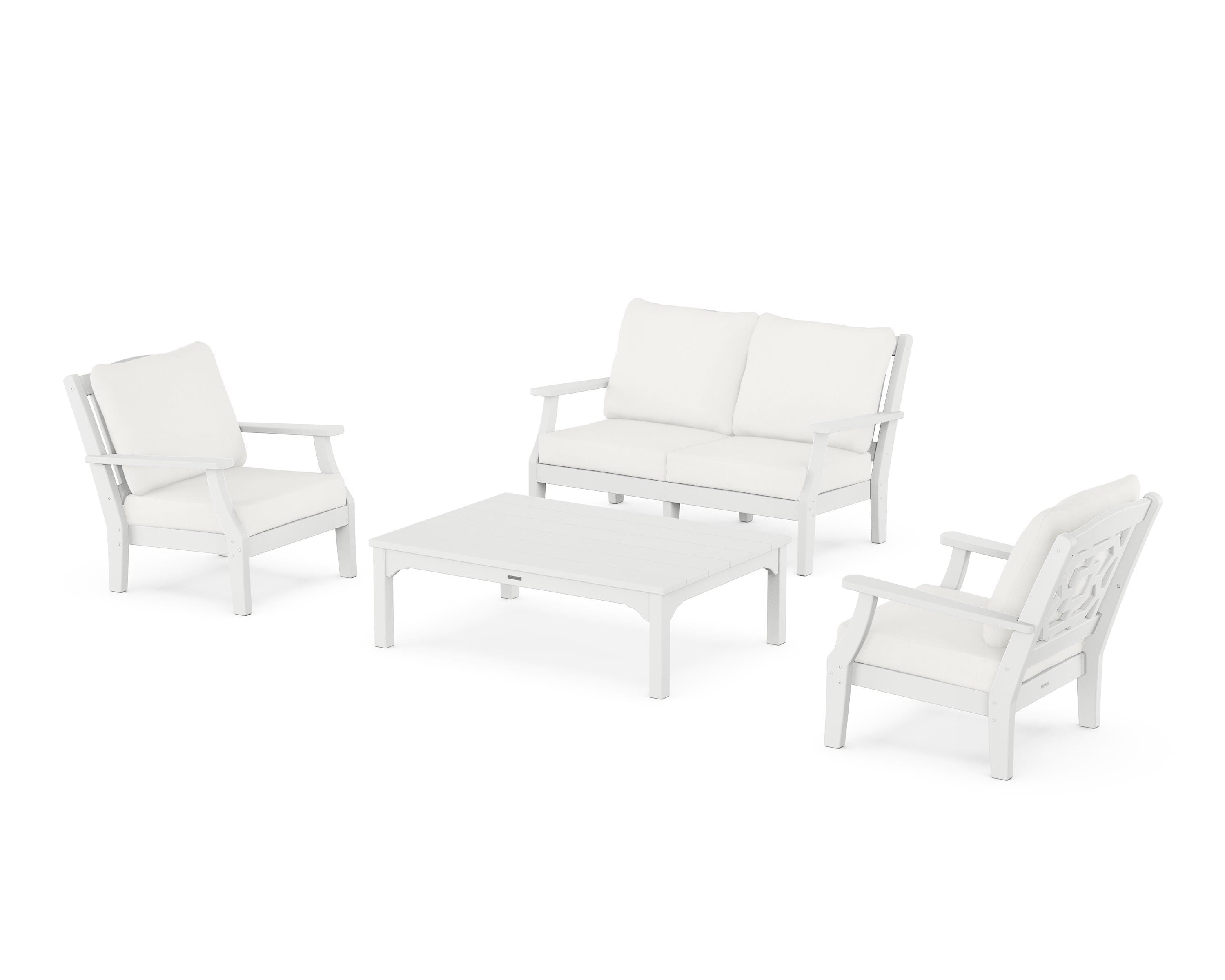 Martha Stewart by POLYWOOD Chinoiserie 4-Piece Deep Seating Set with Loveseat in White / Natural Linen