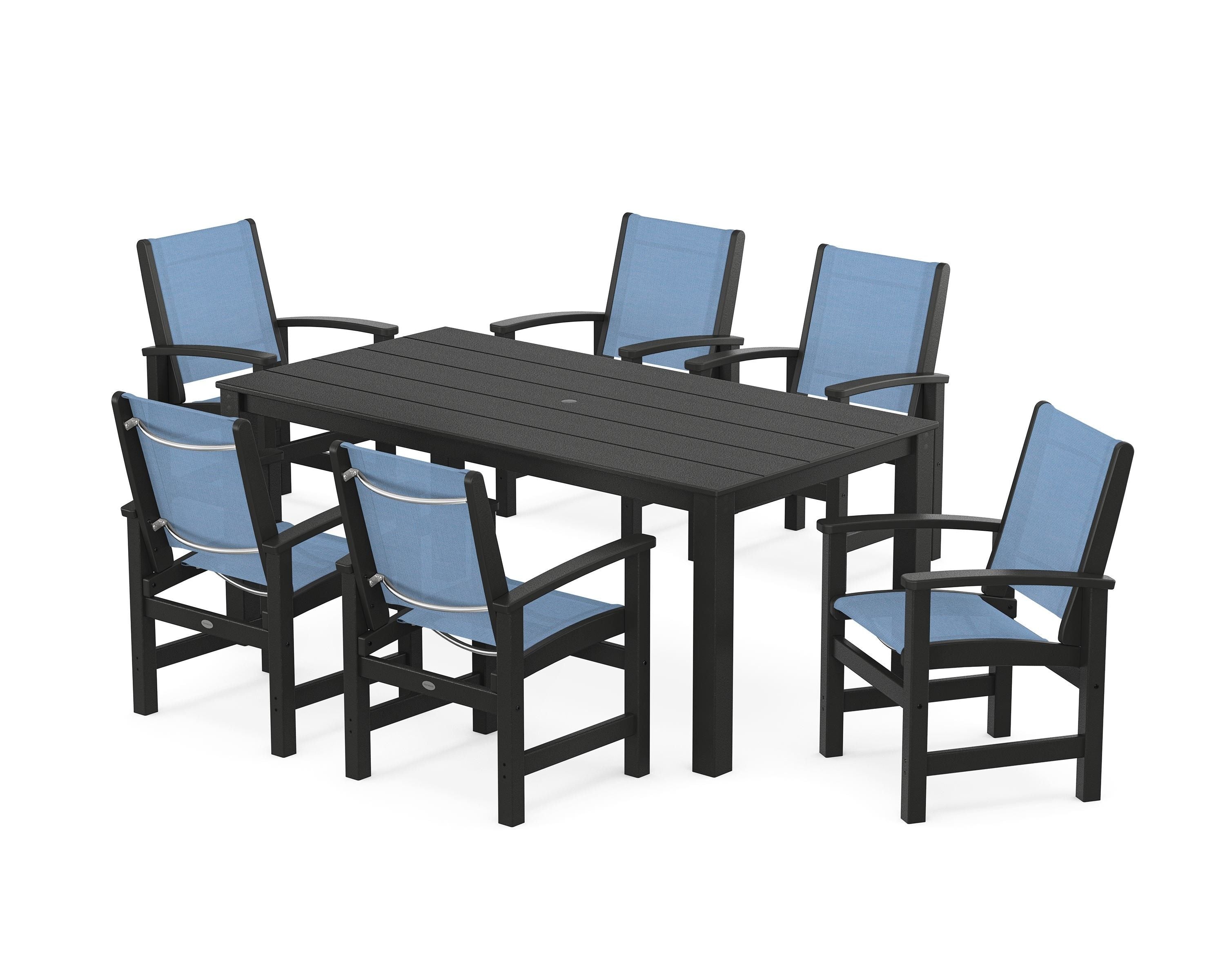 POLYWOOD Coastal 7-Piece Parsons Dining Set in Black / Poolside Sling