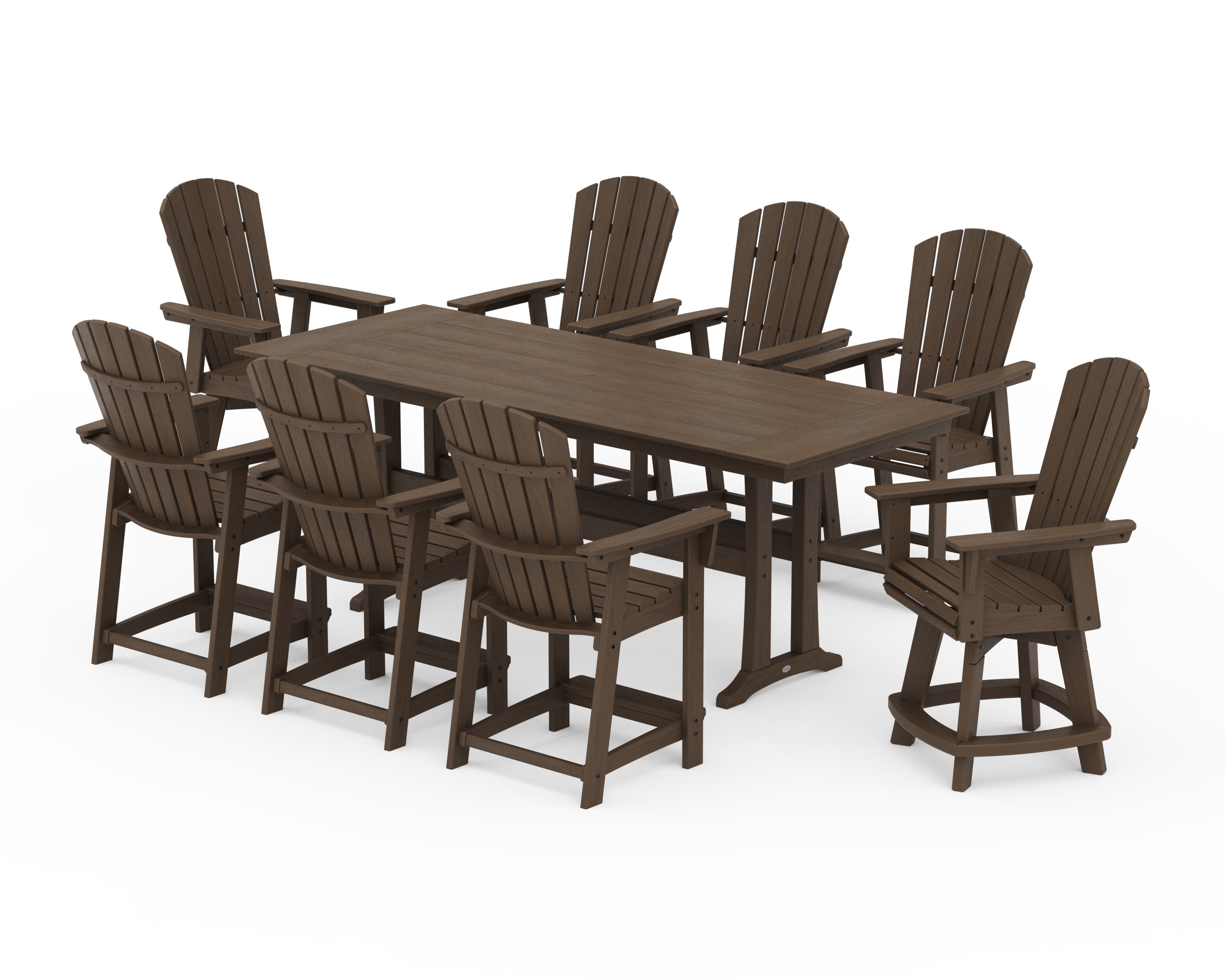 POLYWOOD Nautical Curveback Adirondack Swivel Chair 9-Piece Farmhouse Counter Set with Trestle Legs in Kona