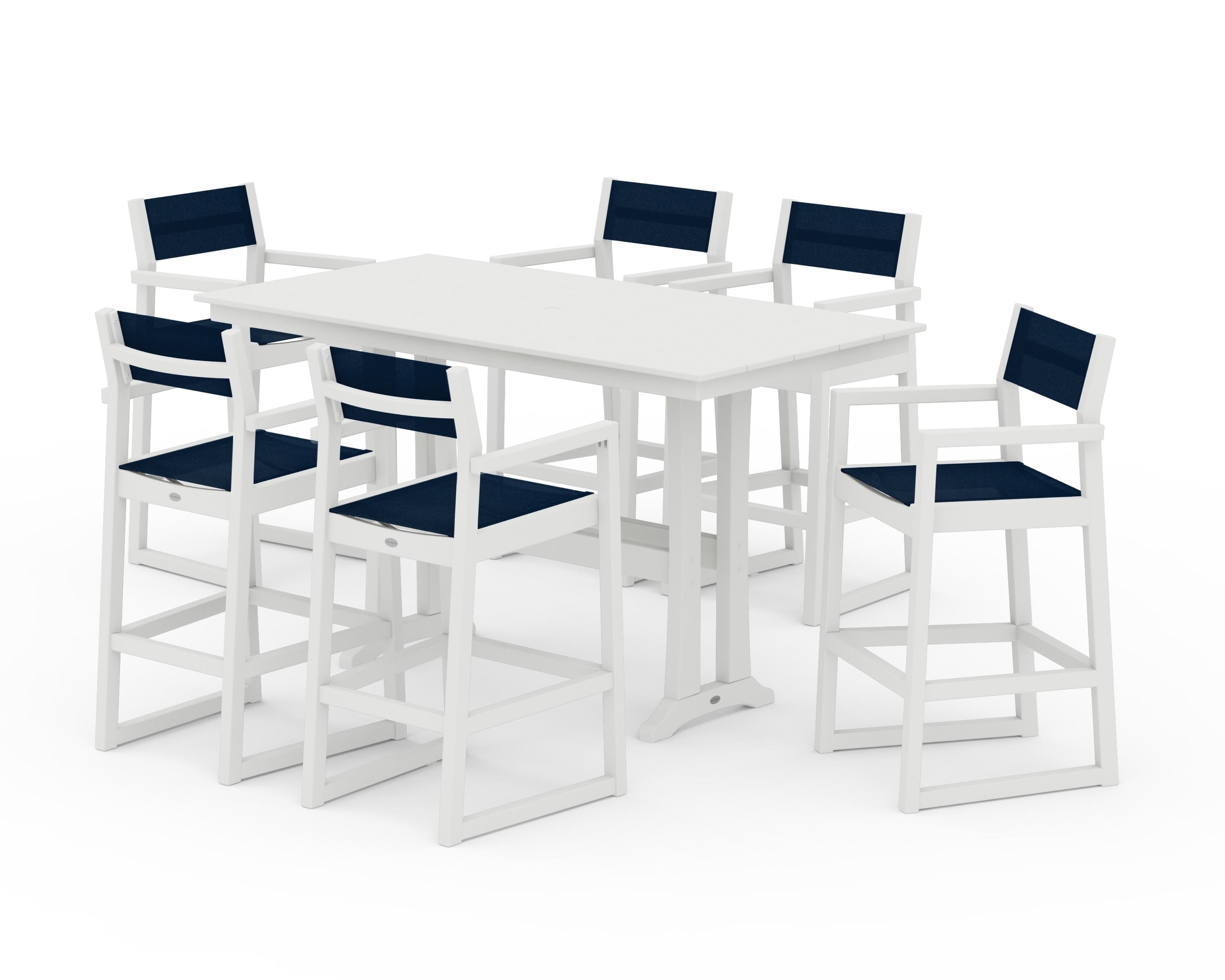 POLYWOOD EDGE Sling Arm Chair 7-Piece Farmhouse Bar Set with Trestle Legs in Vintage White / Navy Blue Sling