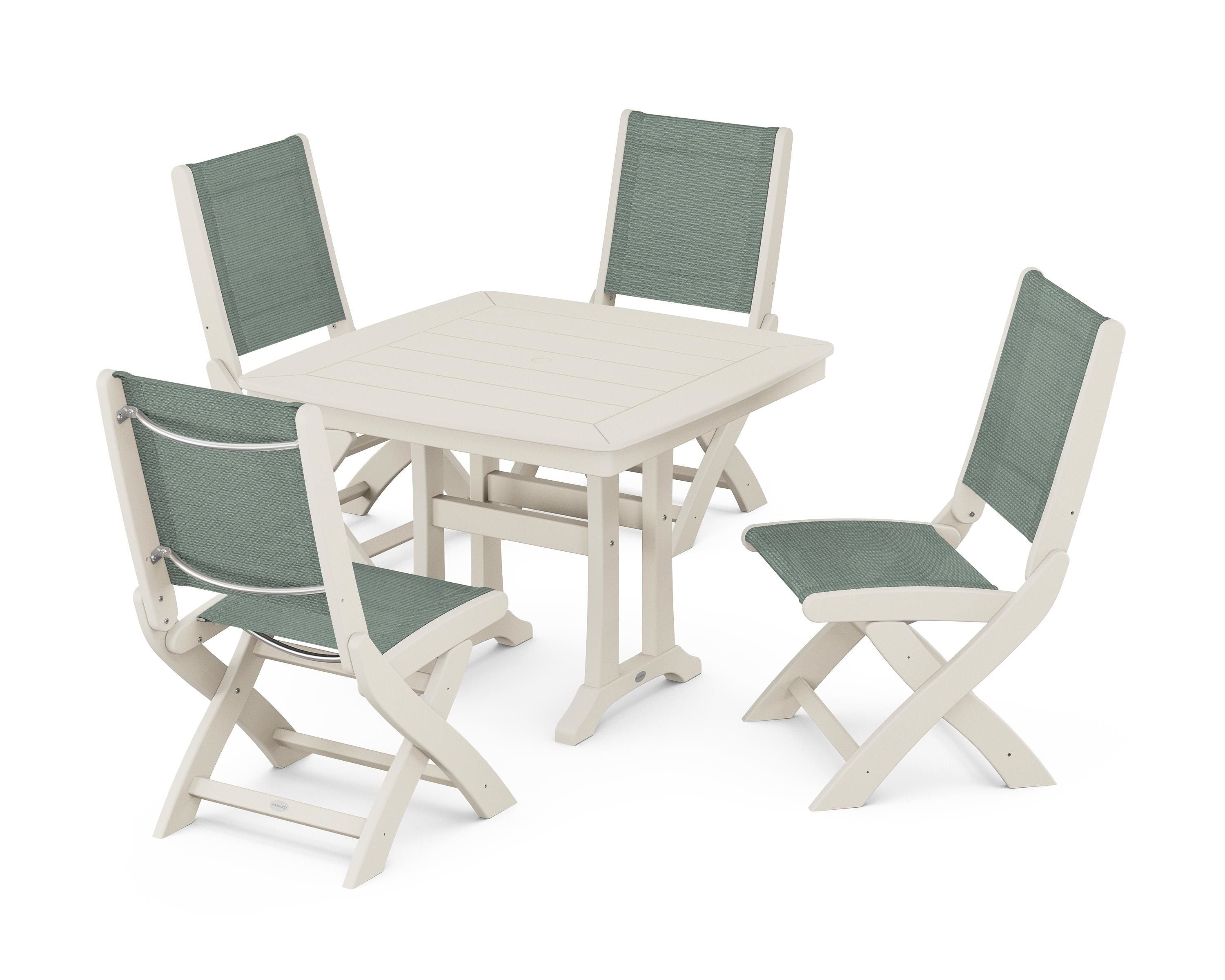 POLYWOOD Coastal Folding Side Chair 5-Piece Dining Set with Trestle Legs in Sand / Dupioni Sea Mist Sling