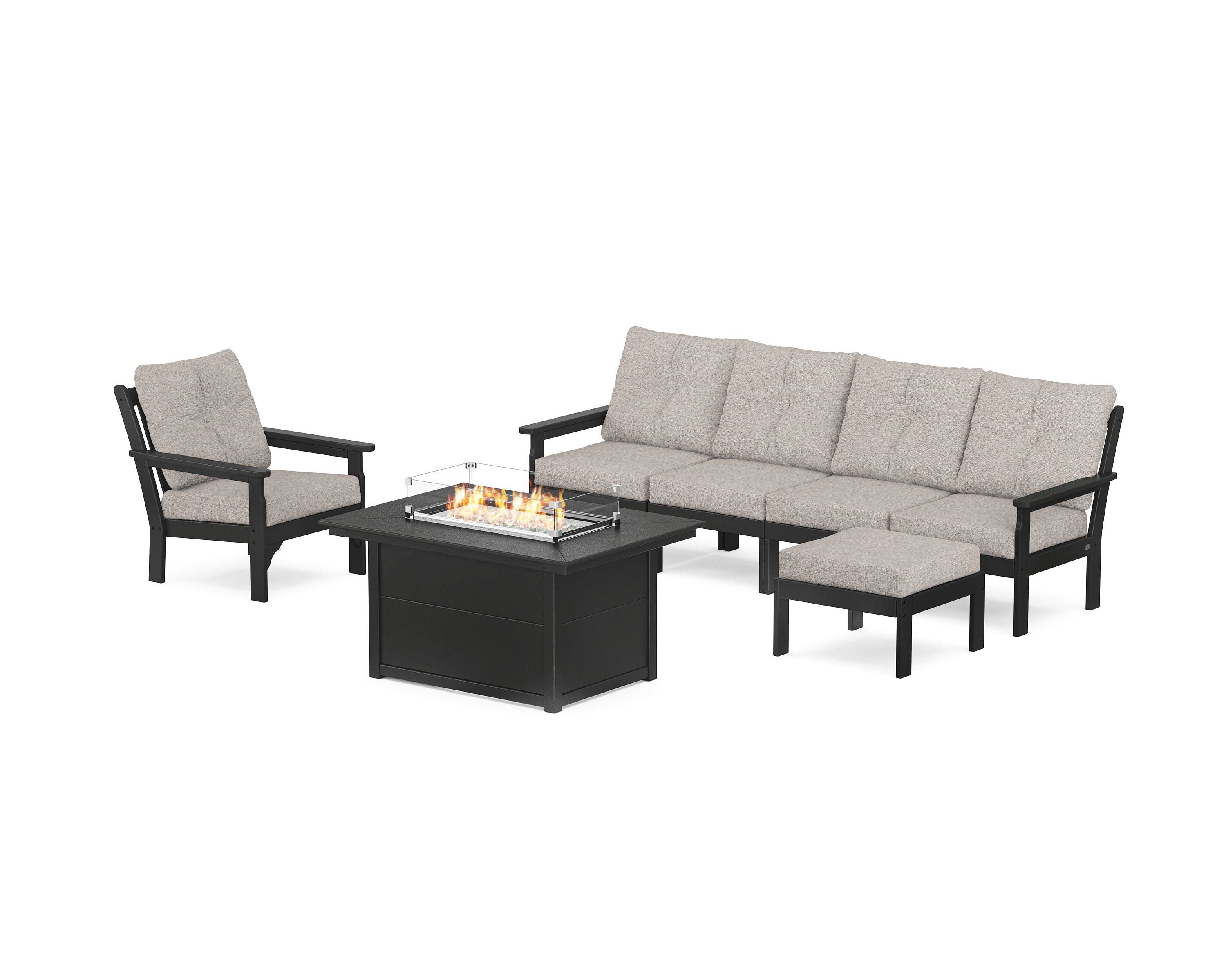 POLYWOOD Vineyard Sectional Lounge and Fire Pit Set in Black / Weathered Tweed