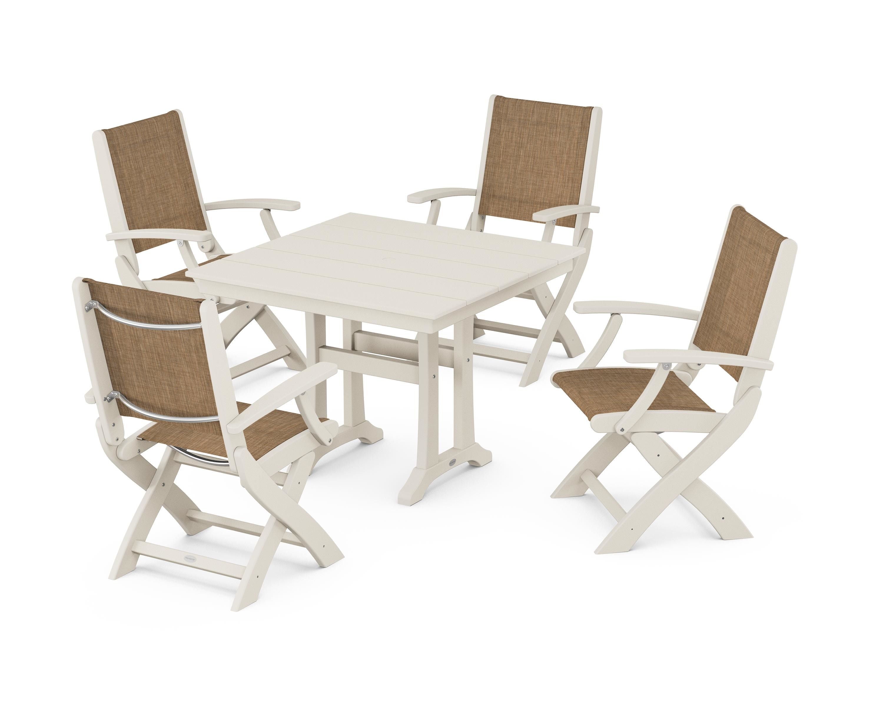 POLYWOOD Coastal Folding Chair 5-Piece Farmhouse Dining Set With Trestle Legs in Sand / Burlap Sling