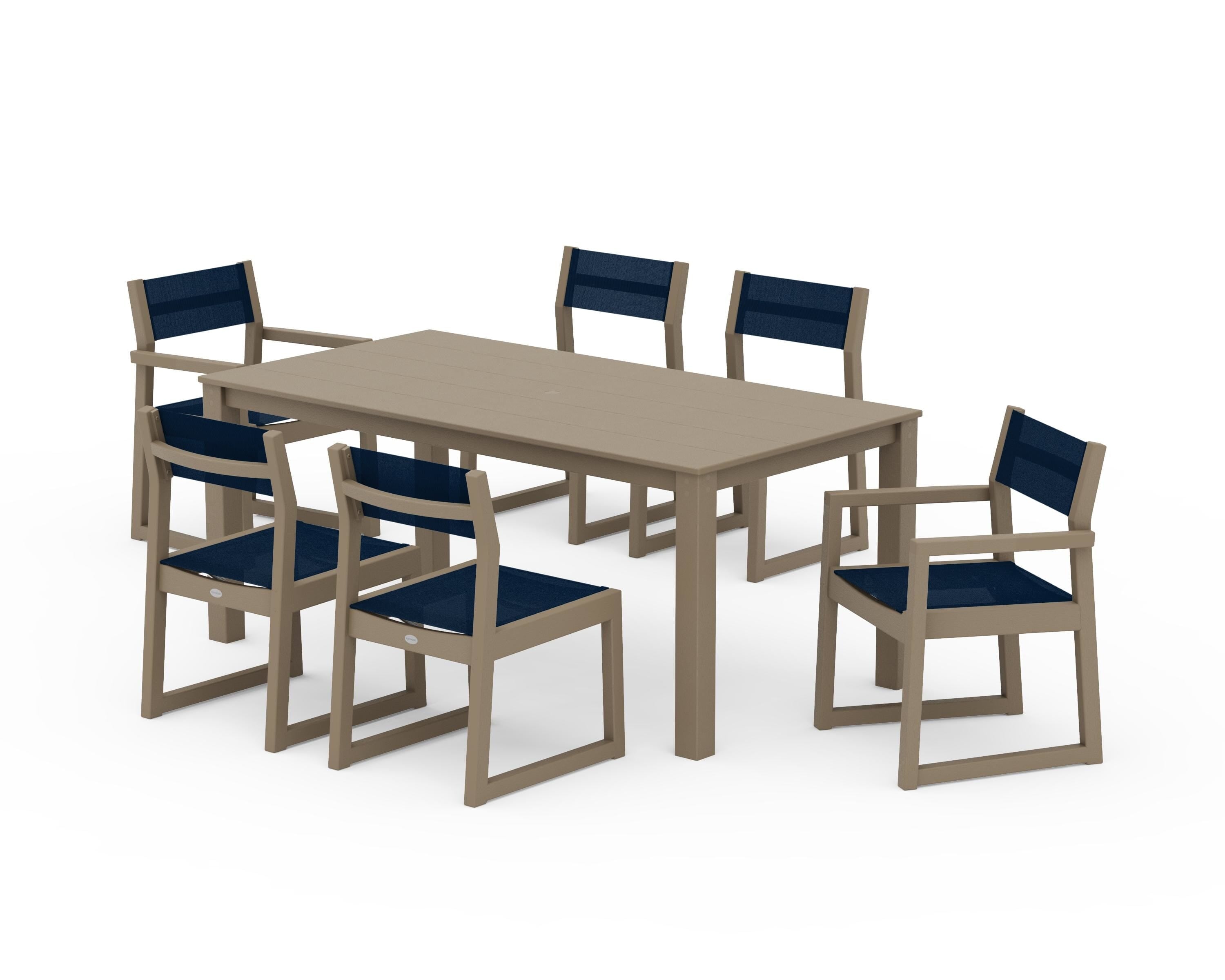 POLYWOOD EDGE Sling 7-Piece Parsons Dining Set in Vintage Sahara / Navy Blue Sling