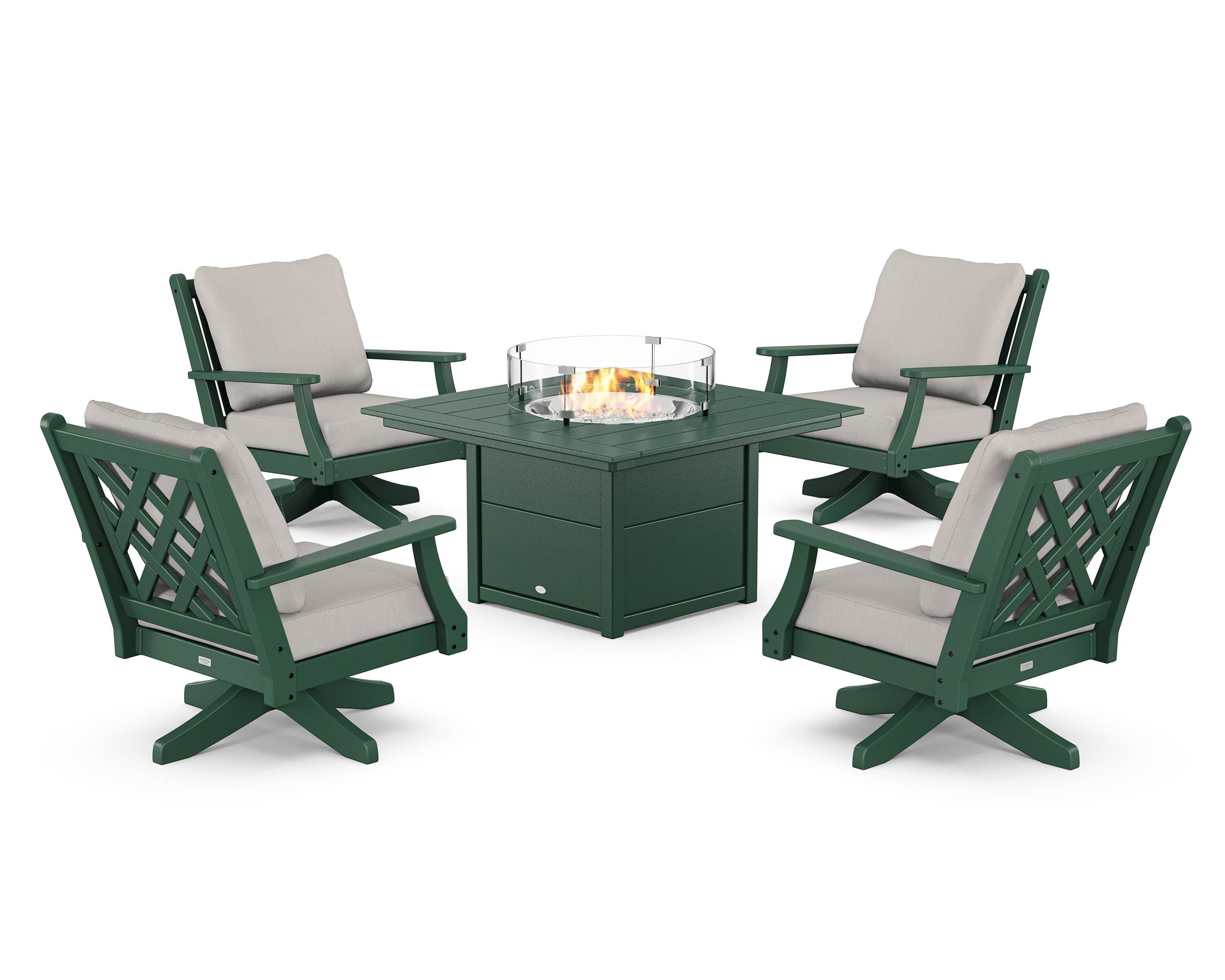 Country Living Wovendale 5-Piece Deep Seating Swivel Conversation Set with Fire Pit Table in Green / Cast Ash
