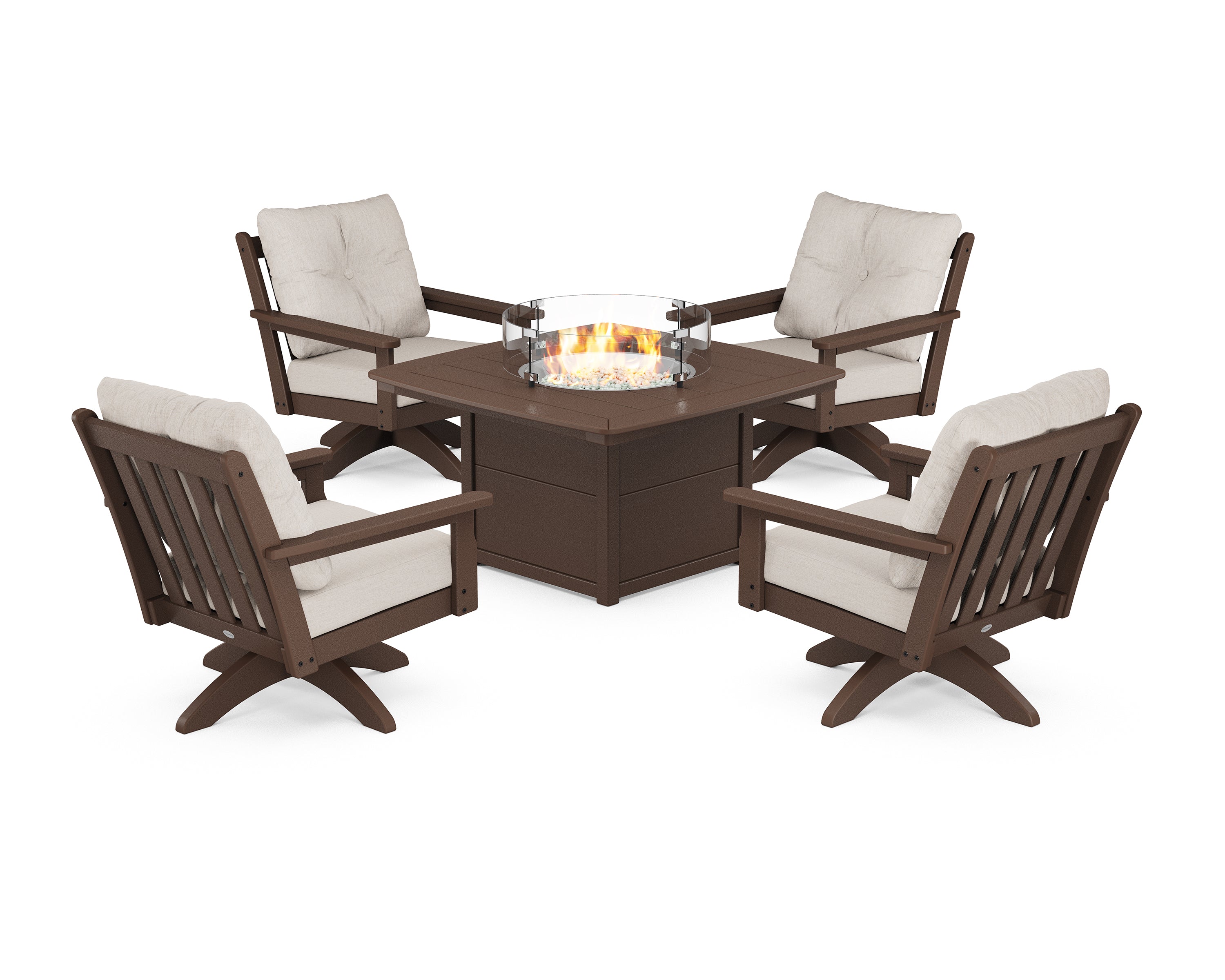 POLYWOOD Vineyard 5-Piece Deep Seating Swivel Conversation Set with Fire Pit Table in Mahogany / Cast Ash