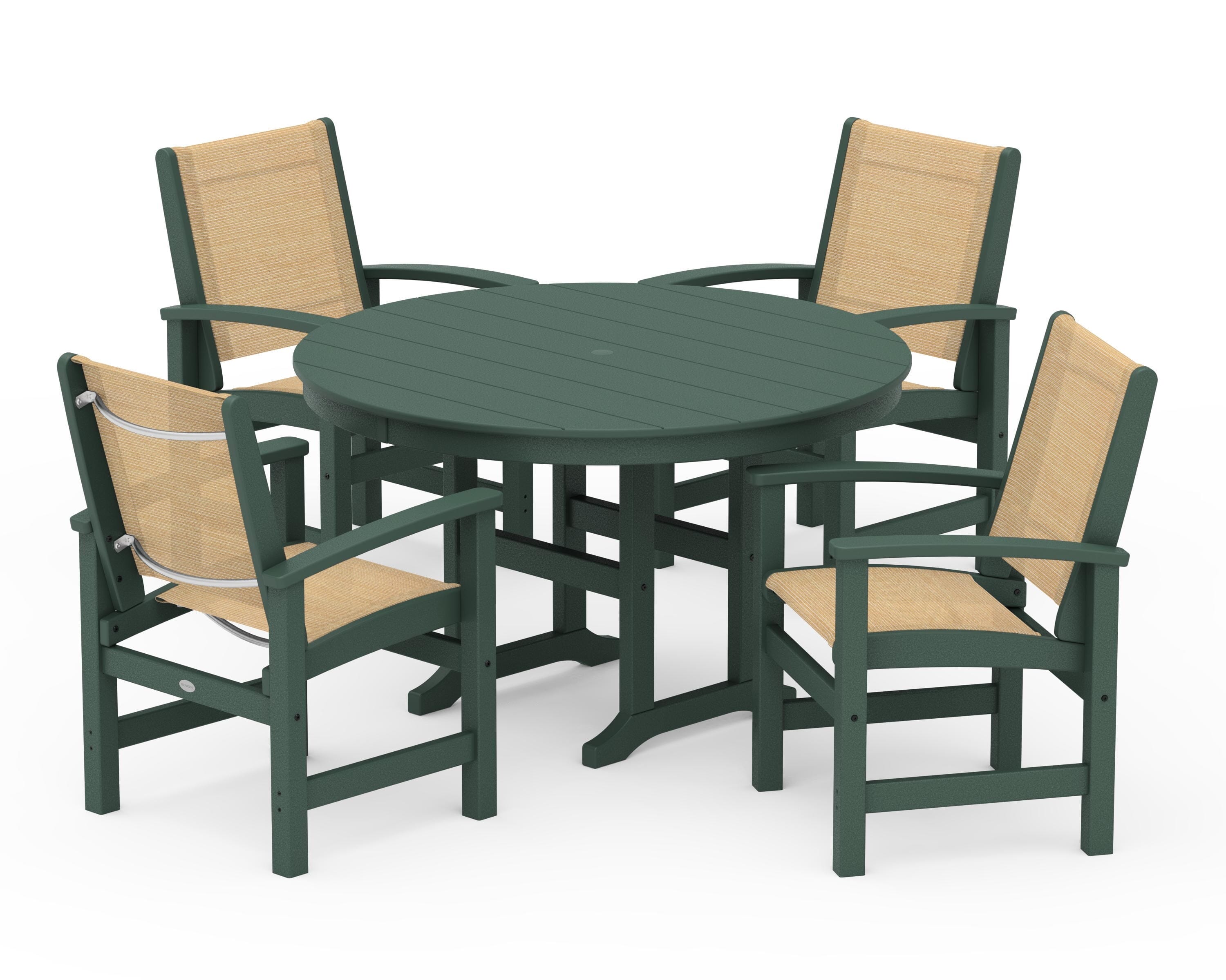 POLYWOOD Coastal 5-Piece Round Farmhouse Dining Set in Green / Dupioni Apricot Sling