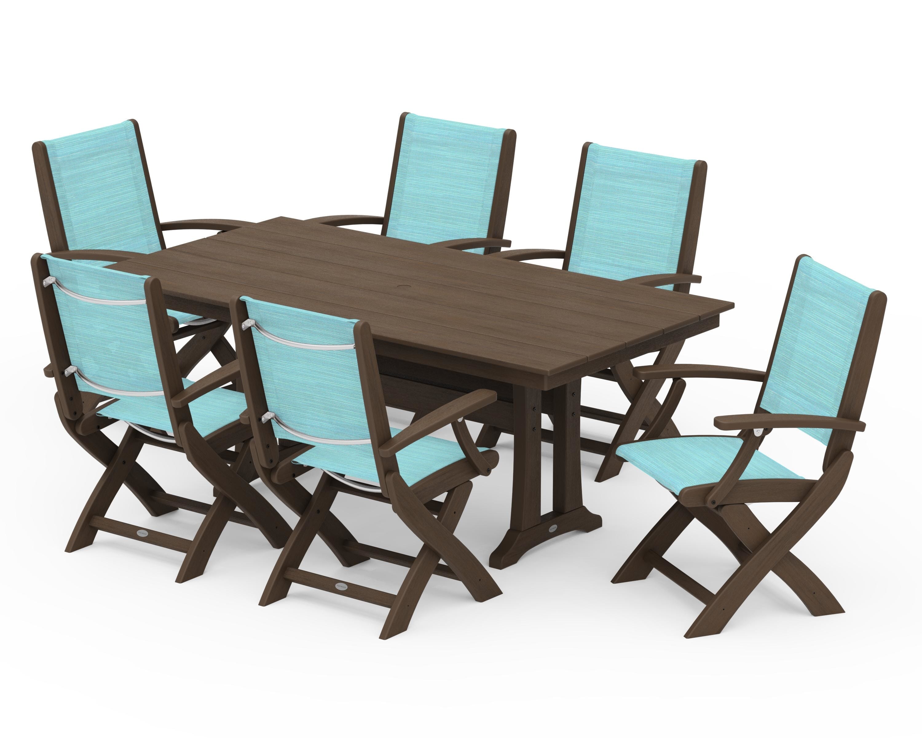 POLYWOOD Coastal Folding Arm Chair 7-Piece Farmhouse Dining Set with Trestle Legs in Kona / Dupioni Aquamarine Sling