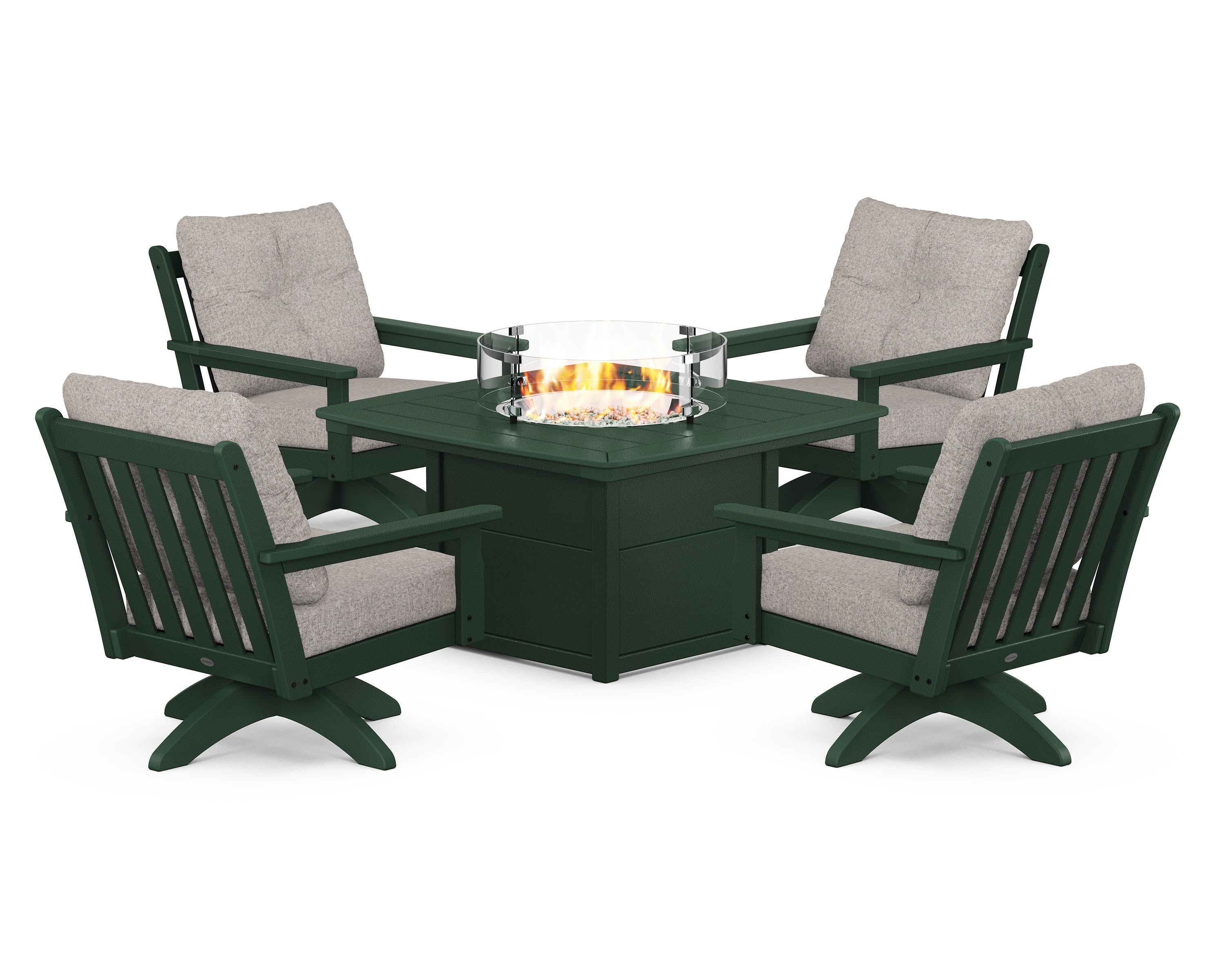 POLYWOOD Vineyard 5-Piece Deep Seating Swivel Conversation Set with Fire Pit Table in Green / Weathered Tweed
