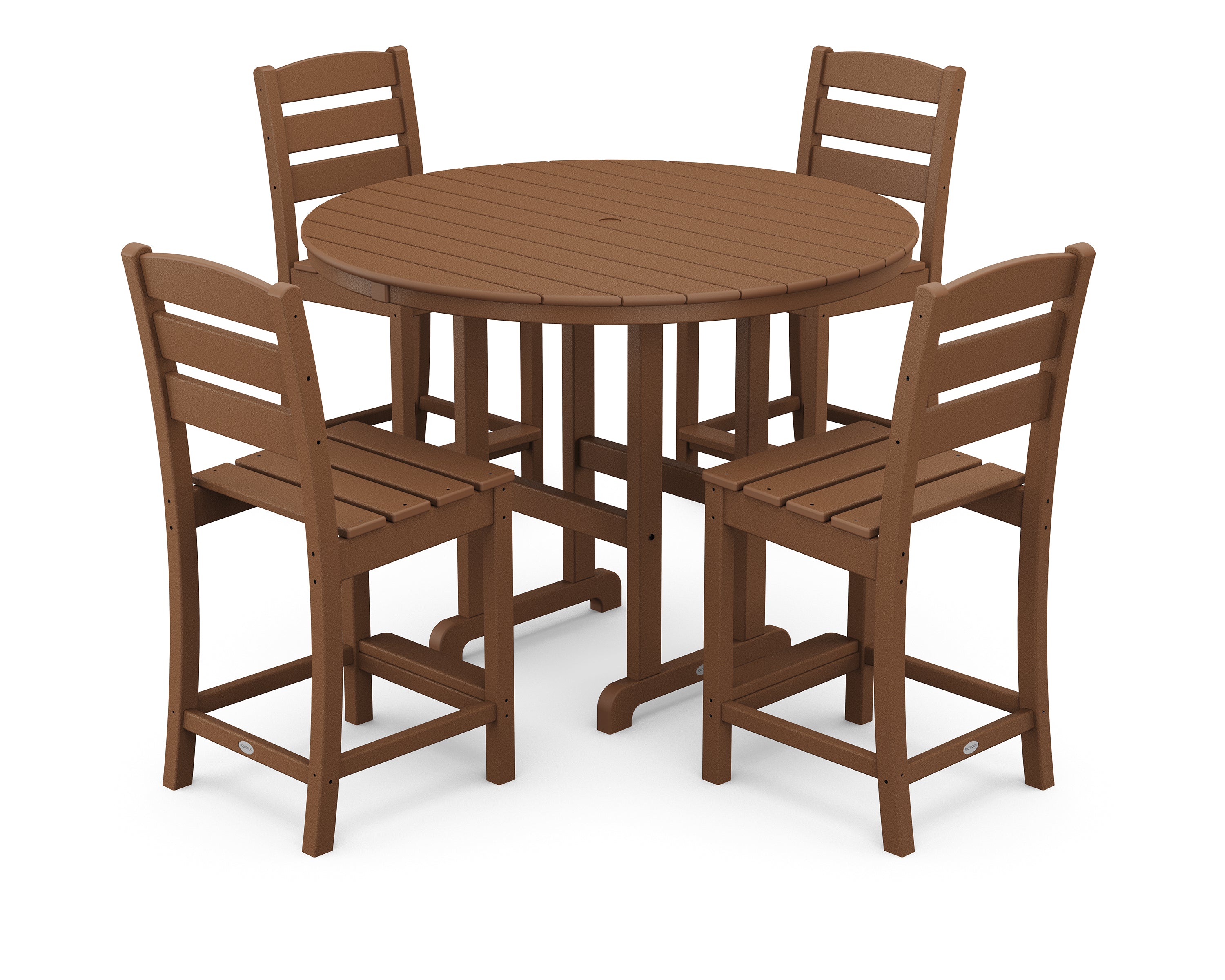 POLYWOOD® Lakeside 5-Piece Farmhouse Round Side Chair Counter  Set in Teak