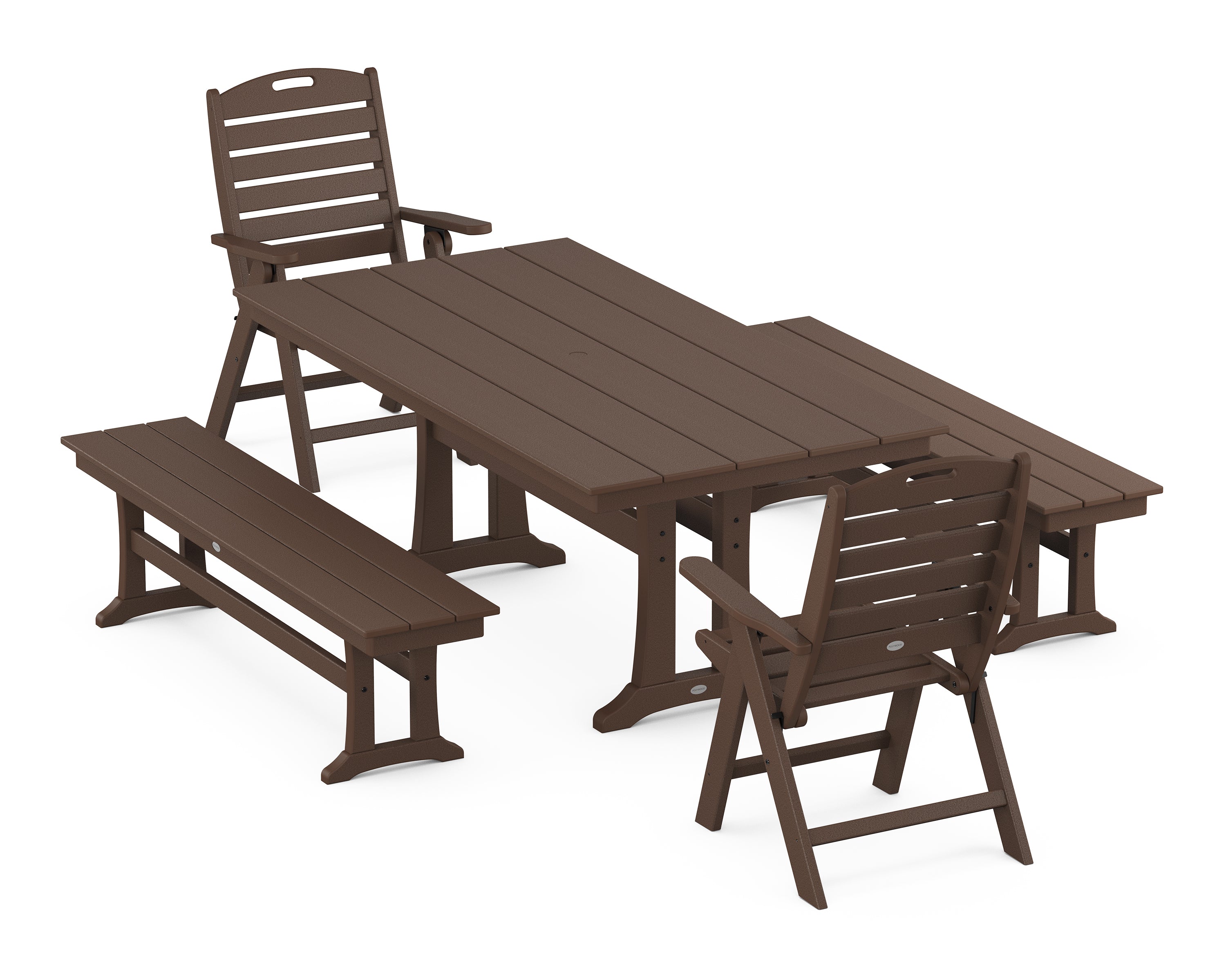 POLYWOOD Nautical Folding Highback Chair 5-Piece Farmhouse Dining Set With Trestle Legs and Benches in Mahogany