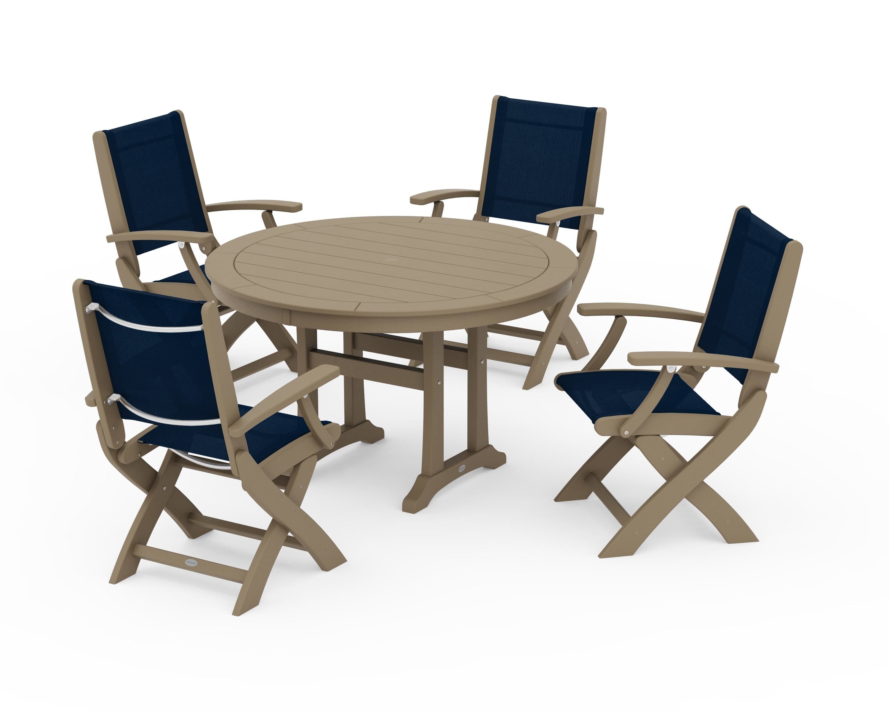 POLYWOOD Coastal Folding Chair 5-Piece Round Dining Set with Trestle Legs in Vintage Sahara / Navy Blue Sling