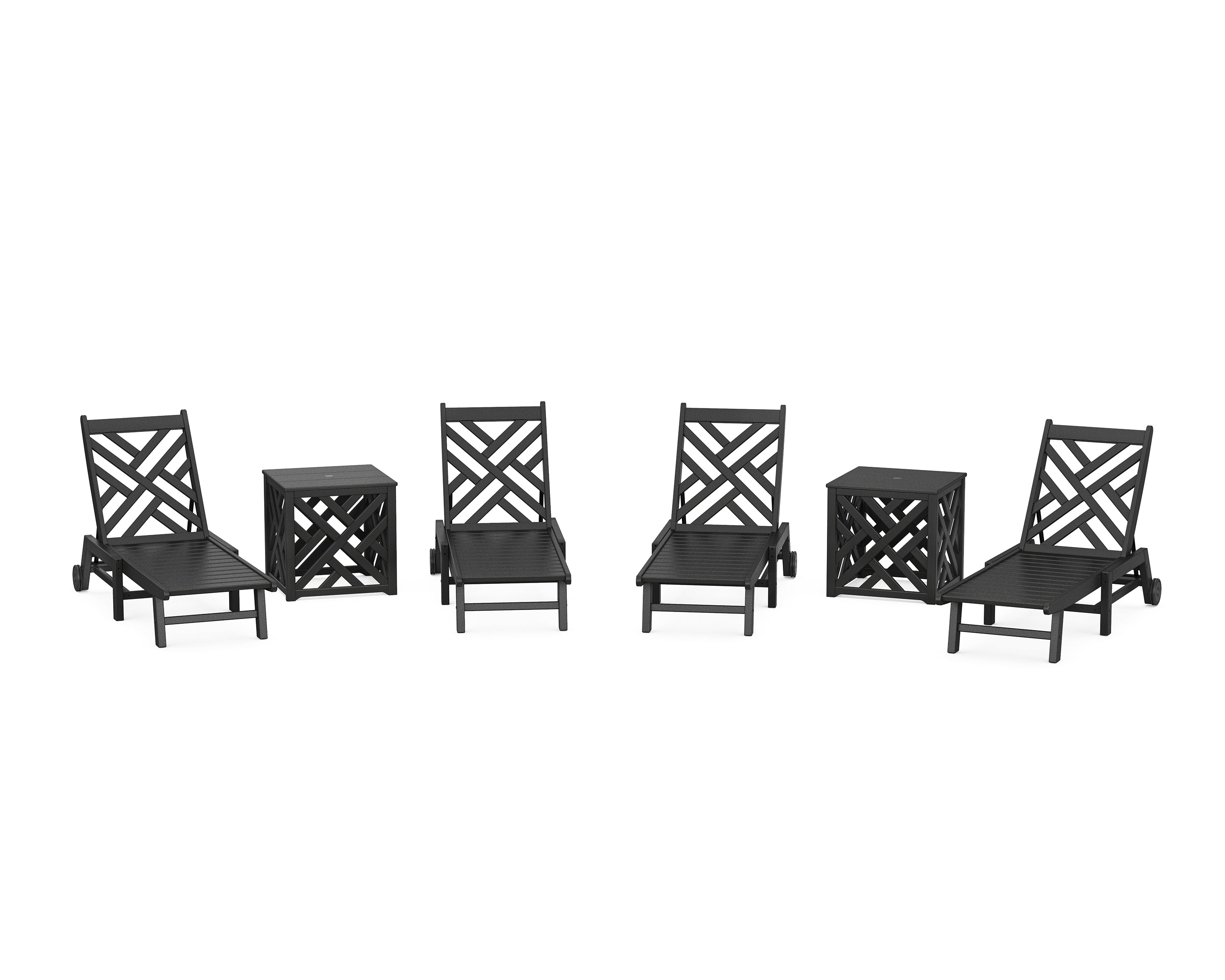 POLYWOOD Chippendale 6-Piece Chaise Set with Wheels and Umbrella Stand Accent Table in Black