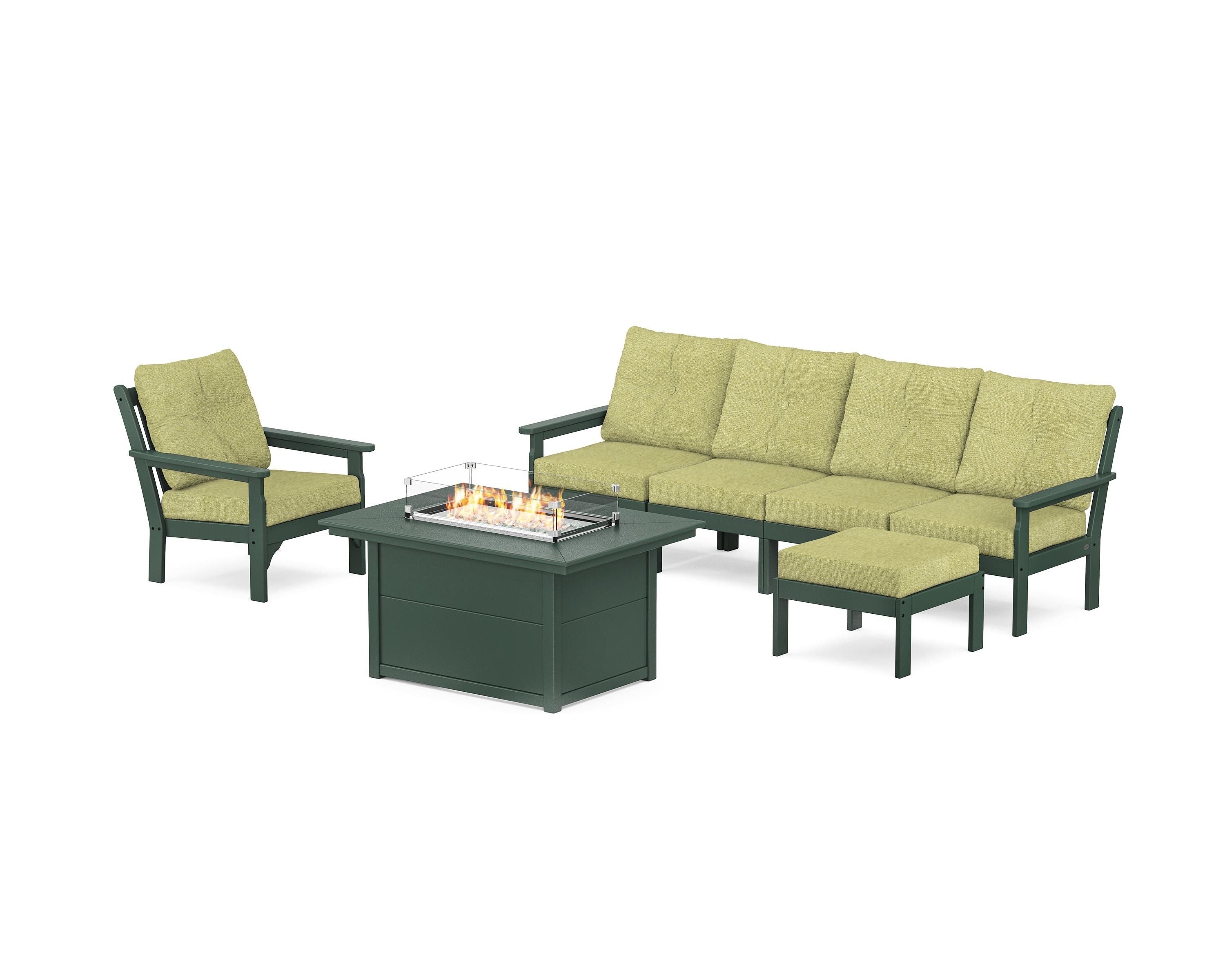 POLYWOOD Vineyard Sectional Lounge and Fire Pit Set in Green / Chartreuse Boucle