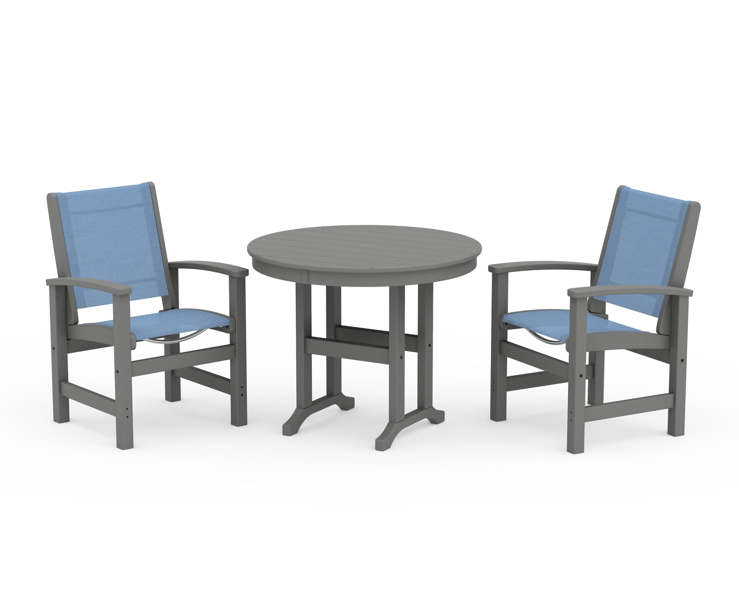 POLYWOOD Coastal 3-Piece Round Dining Set in Slate Grey / Poolside Sling