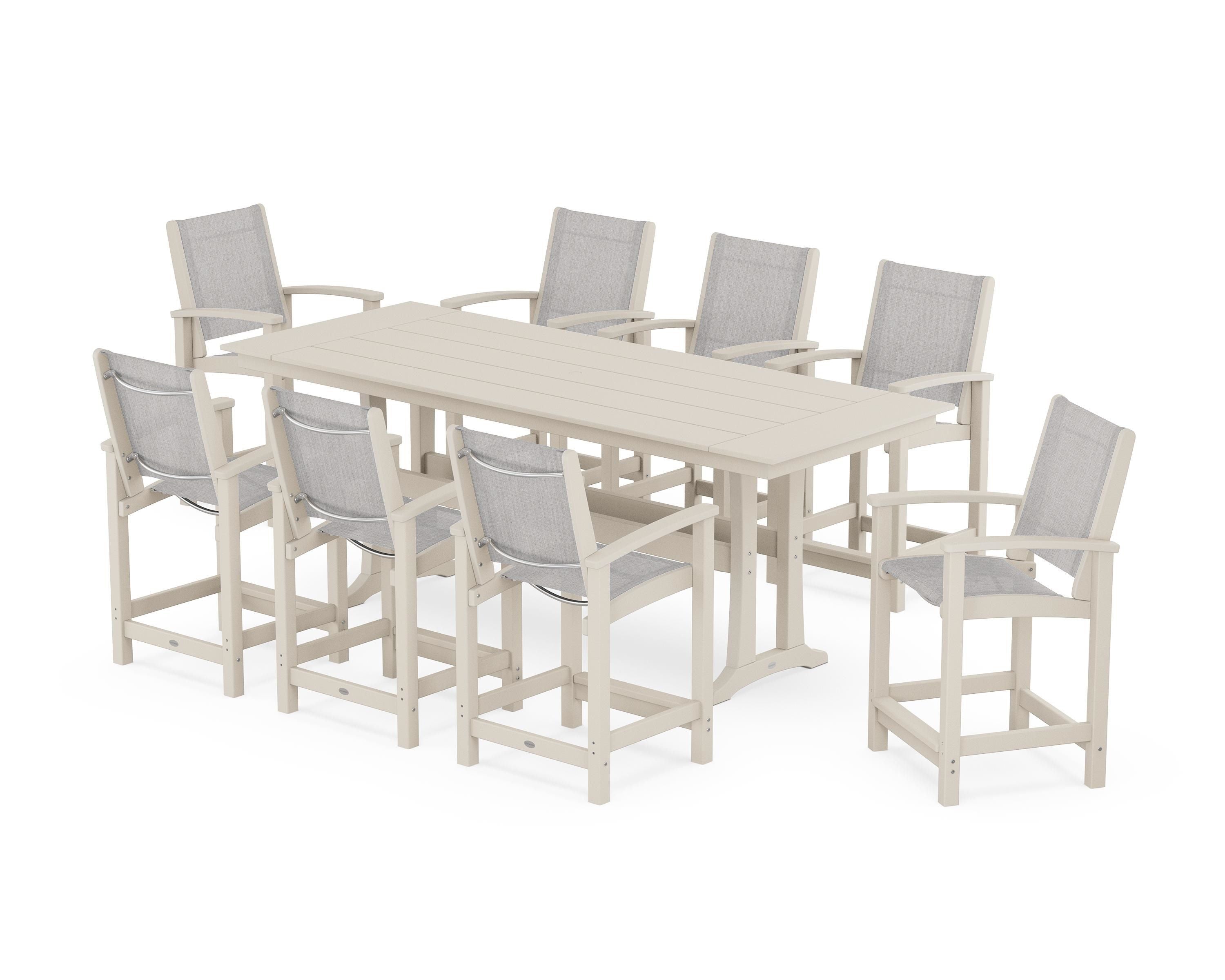 POLYWOOD Coastal 9-Piece Farmhouse Counter Set with Trestle Legs in Sand / Parchment Sling