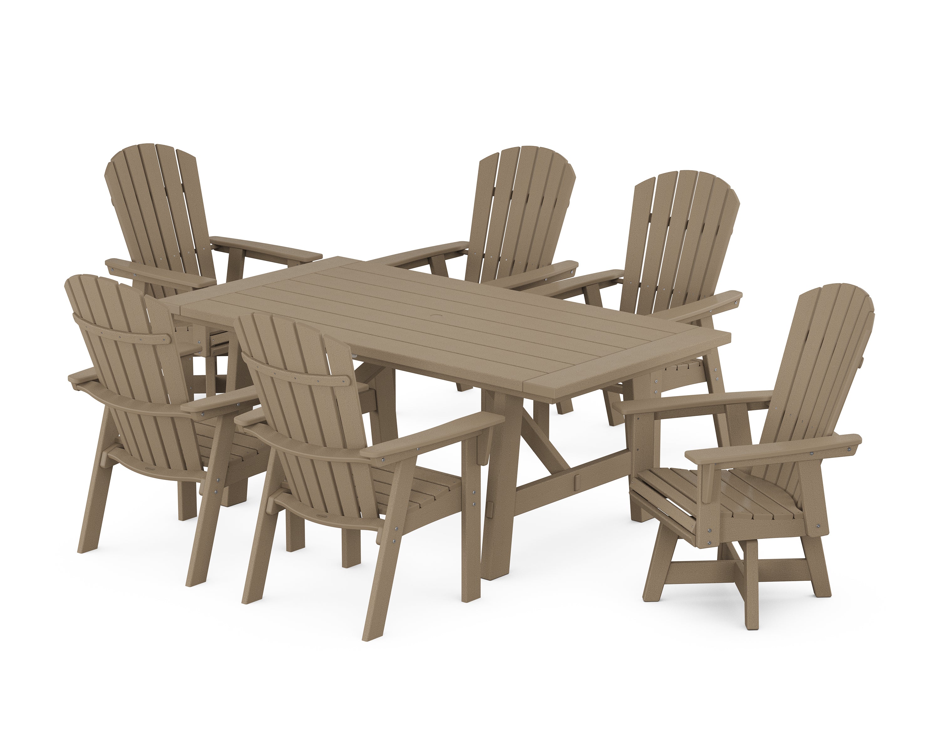 POLYWOOD® Nautical Curveback Adirondack Swivel Chair 7-Piece Rustic Farmhouse Dining Set in Vintage Sahara