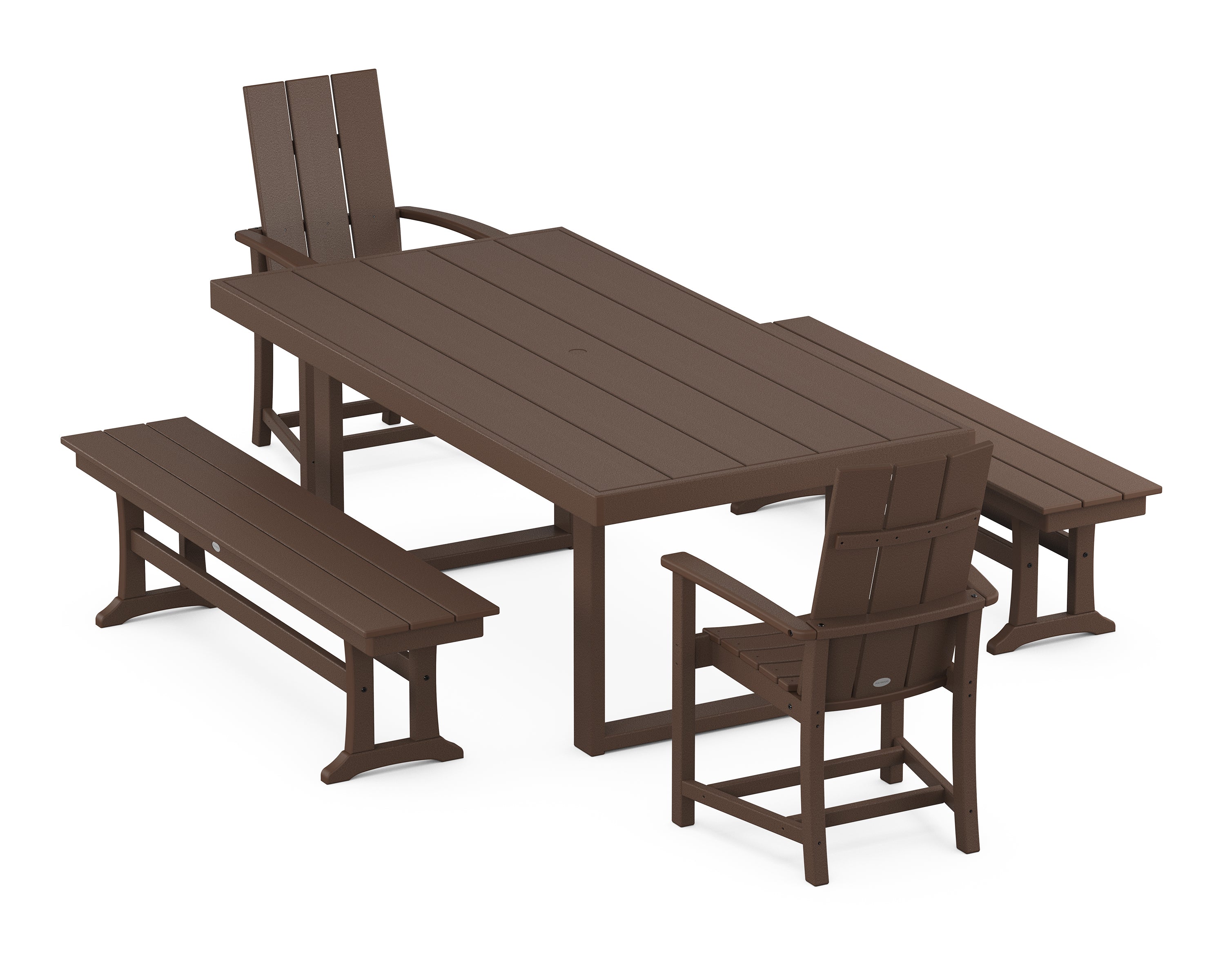 POLYWOOD® Modern Adirondack 5-Piece Dining Set with Benches in Mahogany