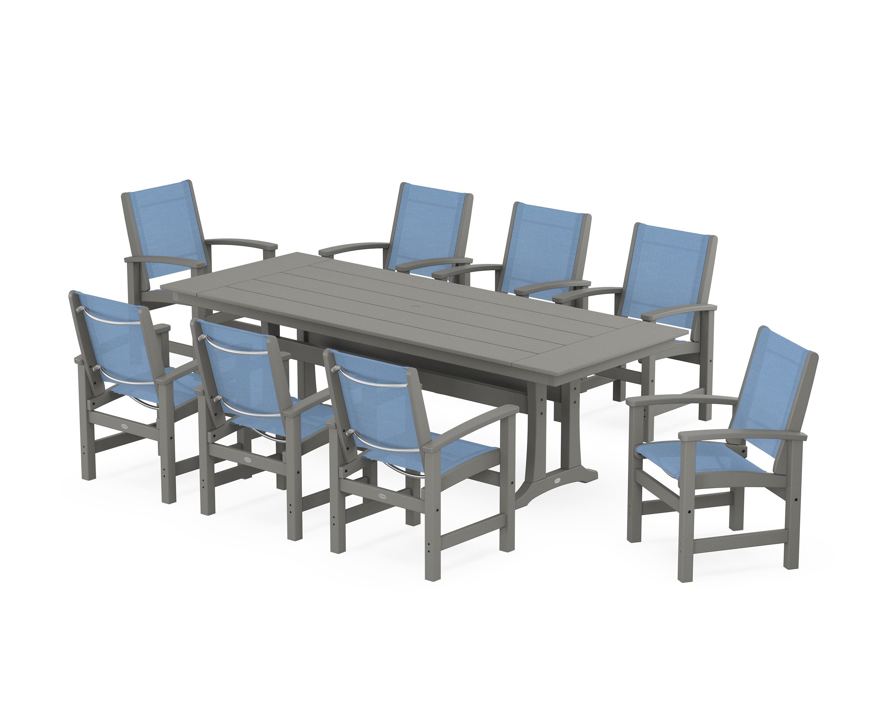 POLYWOOD Coastal 9-Piece Farmhouse Dining Set with Trestle Legs in Slate Grey / Poolside Sling