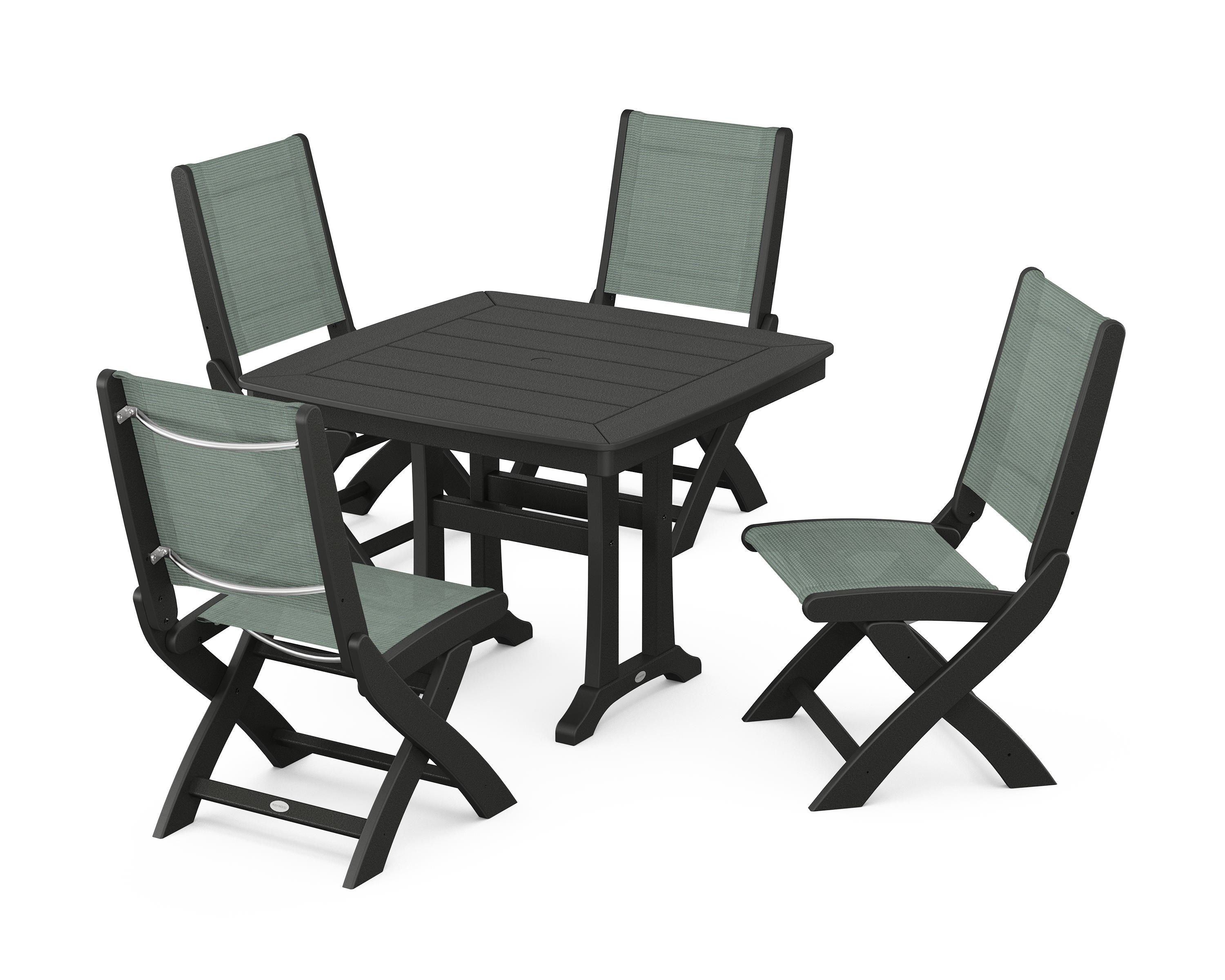 POLYWOOD Coastal Folding Side Chair 5-Piece Dining Set with Trestle Legs in Black / Dupioni Sea Mist Sling