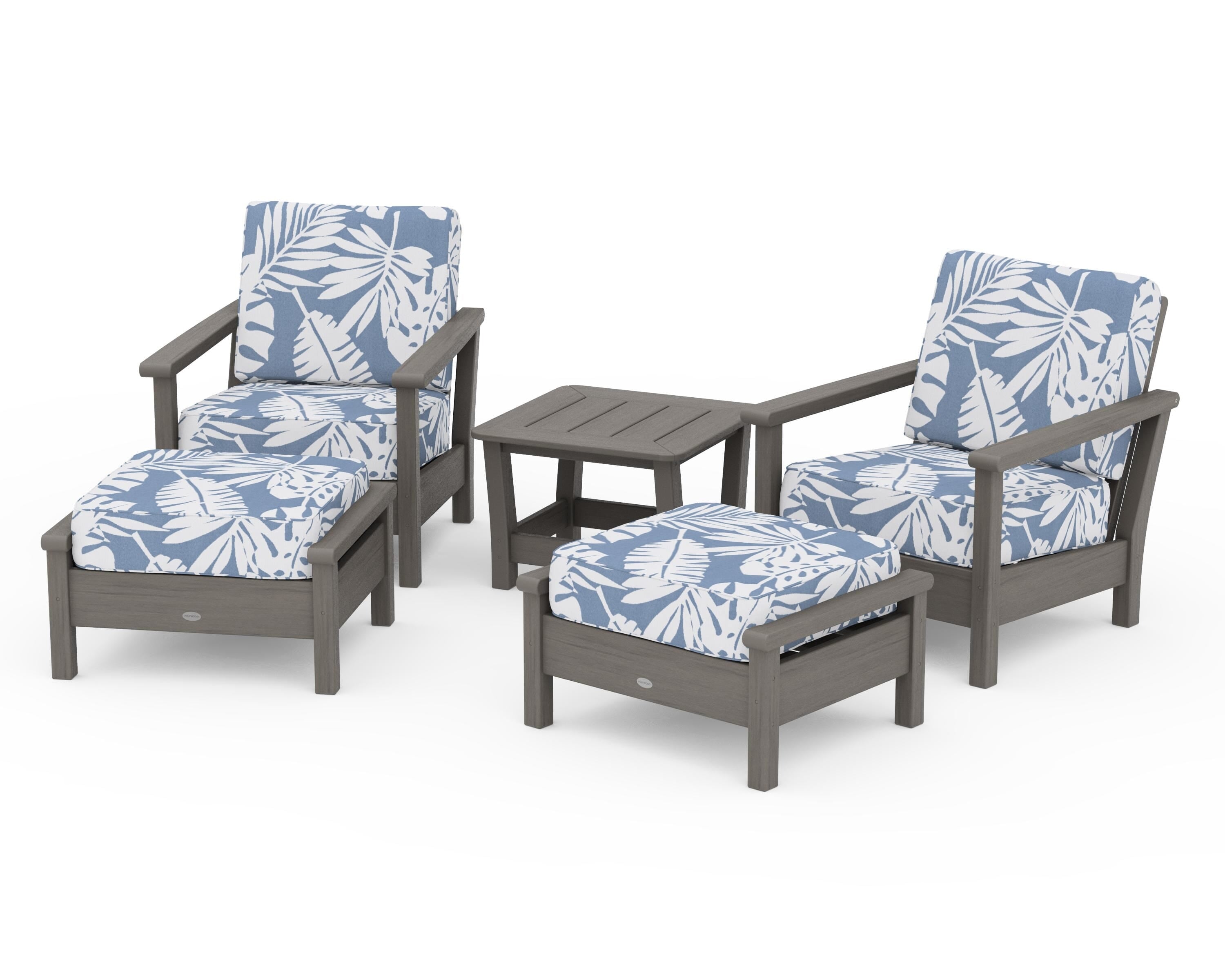 POLYWOOD Harbour 5-Piece Deep Seating Chair Set in Driftwood / Leaf Sky Blue