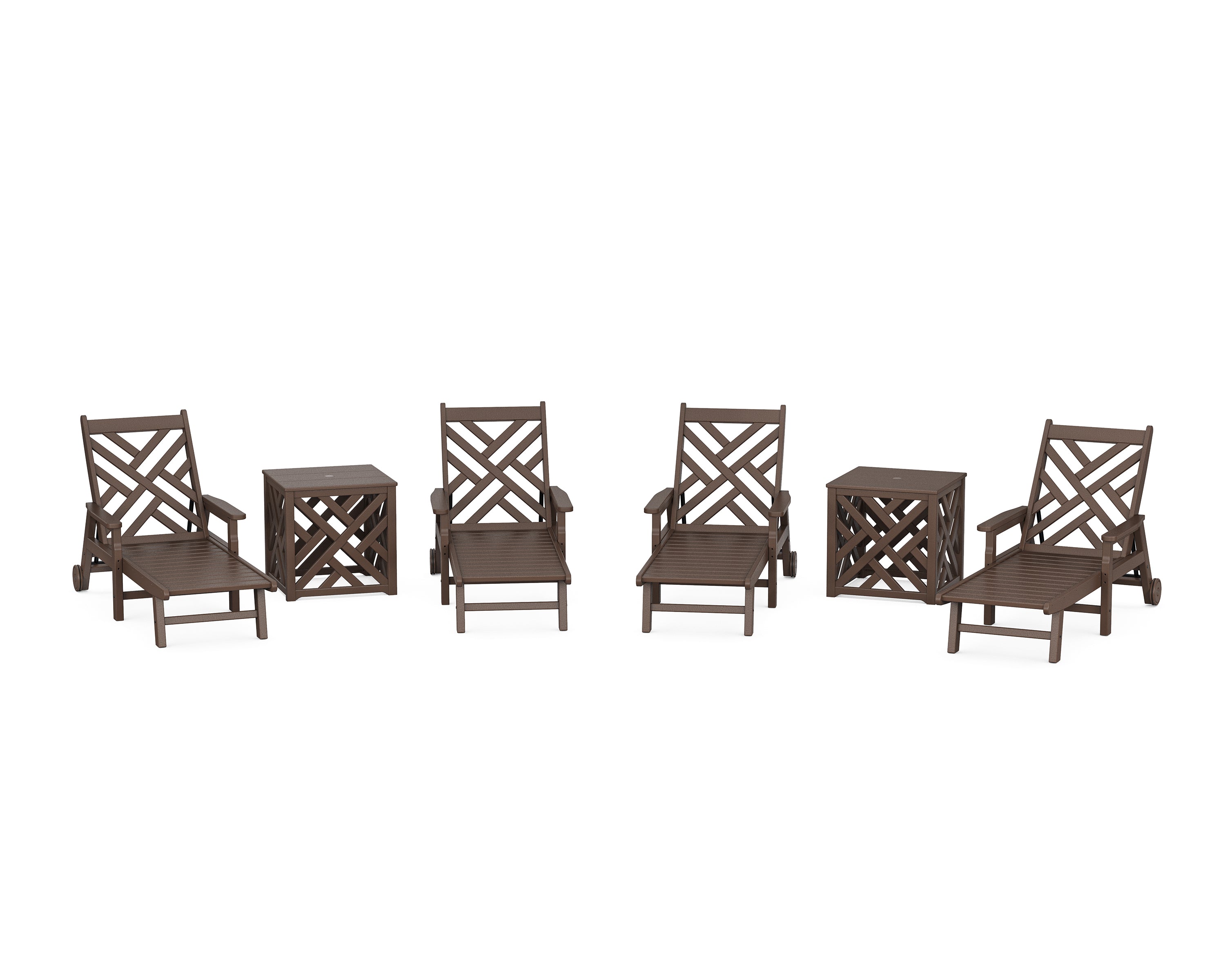 POLYWOOD Chippendale 6-Piece Chaise Set with Umbrella Stand Accent Table in Mahogany