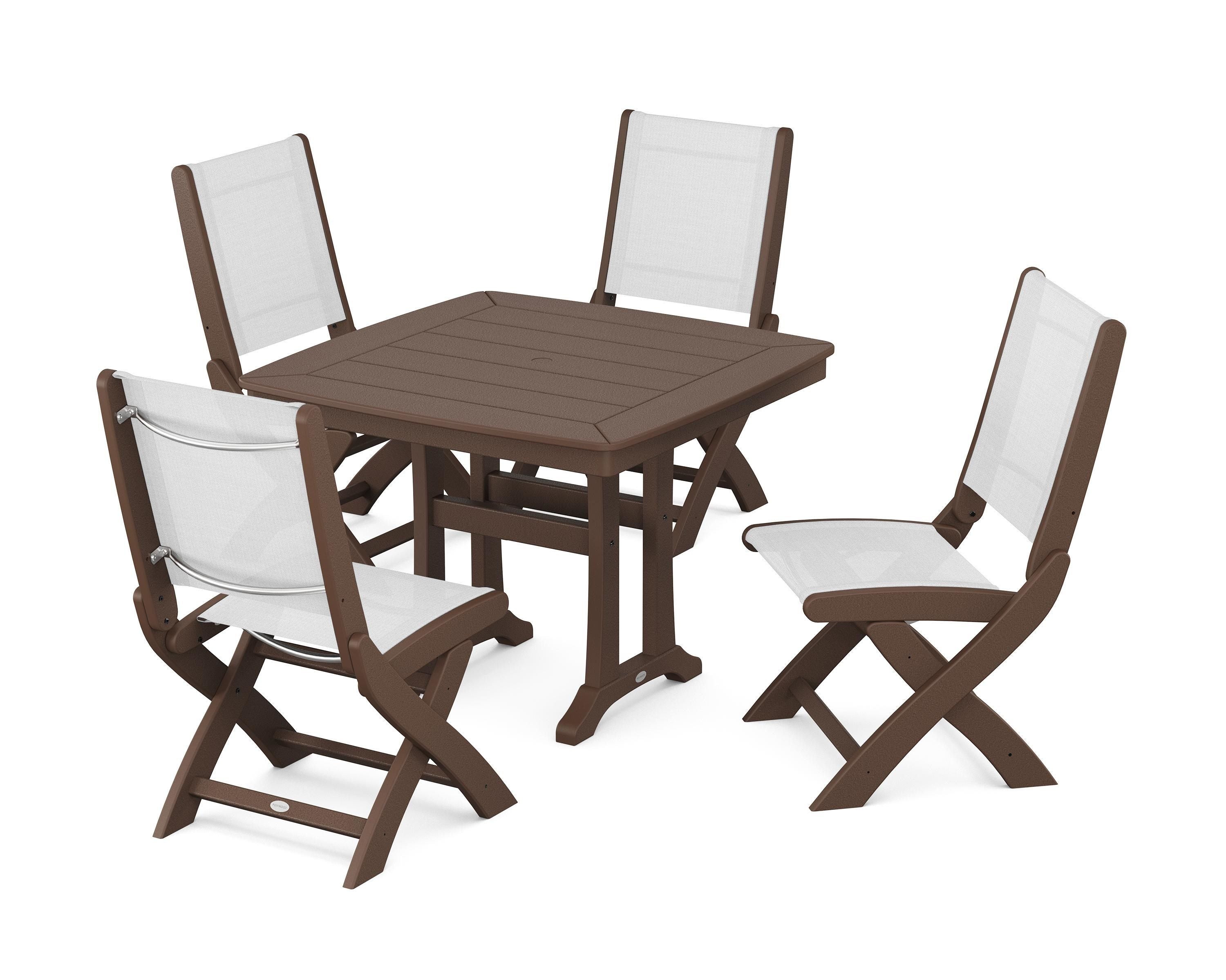 POLYWOOD Coastal Folding Side Chair 5-Piece Dining Set with Trestle Legs in Mahogany / White Sling