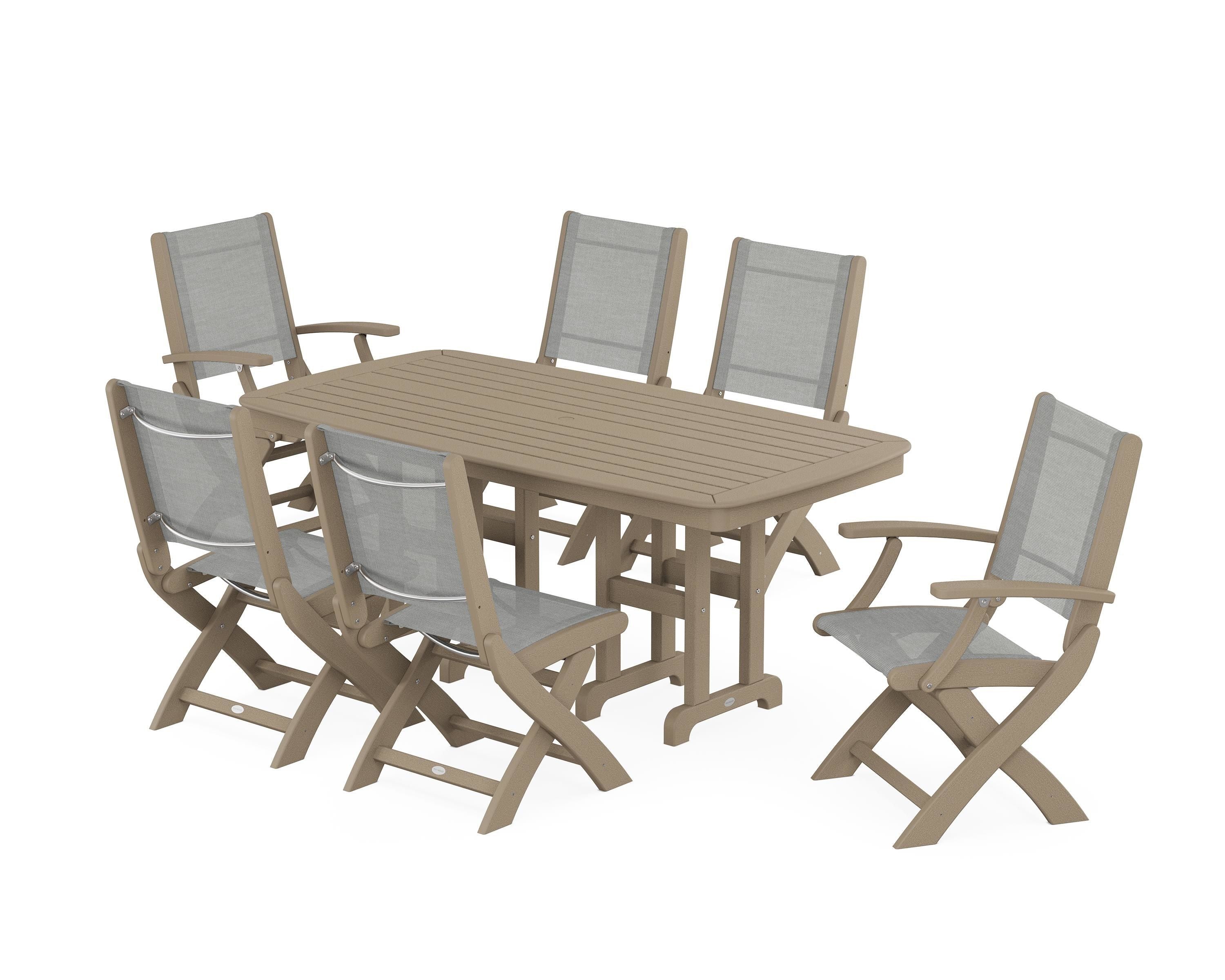 POLYWOOD Coastal Folding Chair 7-Piece Dining Set in Vintage Sahara / Metallic Sling