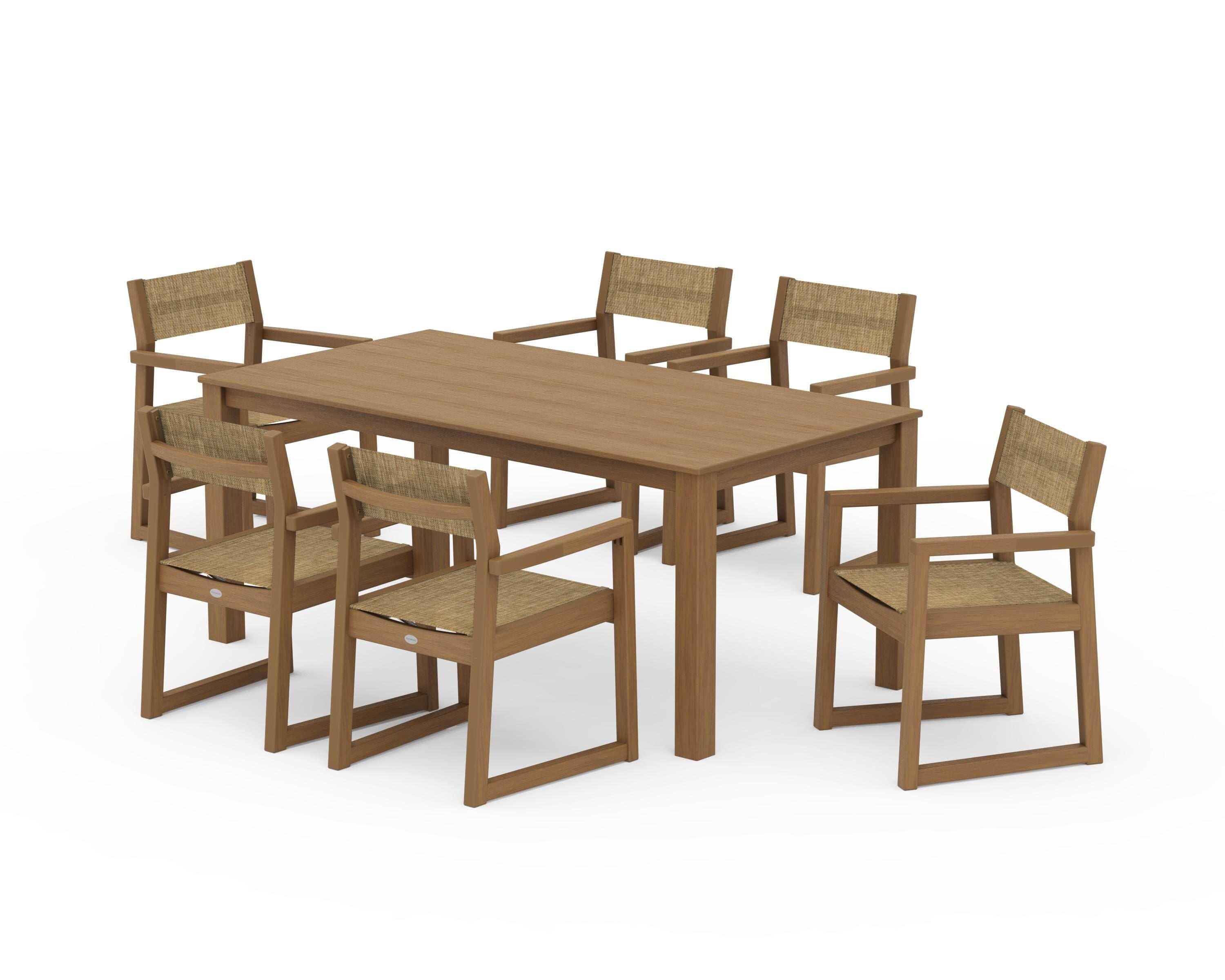 POLYWOOD EDGE Sling Arm Chair 7-Piece Parsons Dining Set in Natural / Burlap Sling