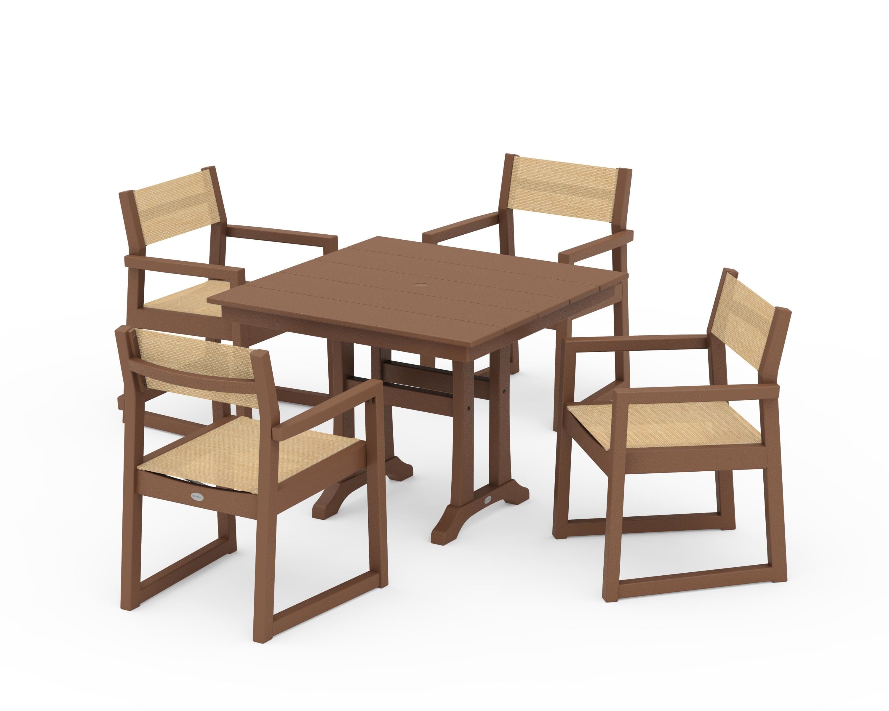 POLYWOOD EDGE Sling 5-Piece Farmhouse Dining Set with Trestle Legs in Teak / Dupioni Apricot Sling